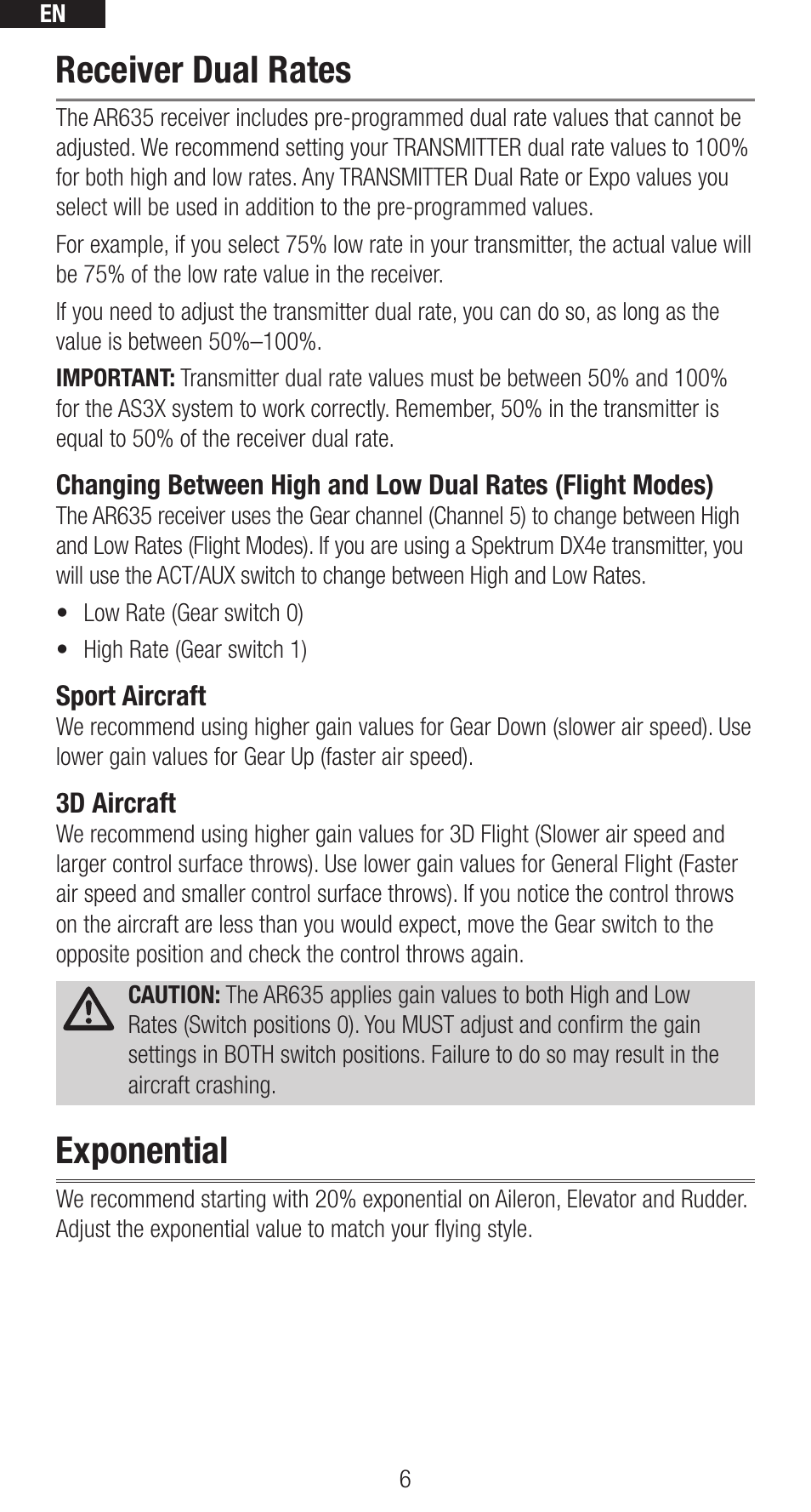 Receiver dual rates, Exponential | Spektrum SPMAR635 User Manual | Page 6 / 27
