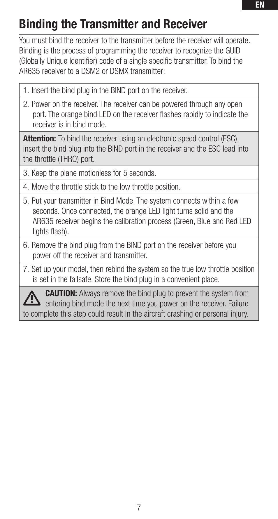 Binding the transmitter and receiver | Spektrum SPMAR635 User Manual | Page 7 / 27