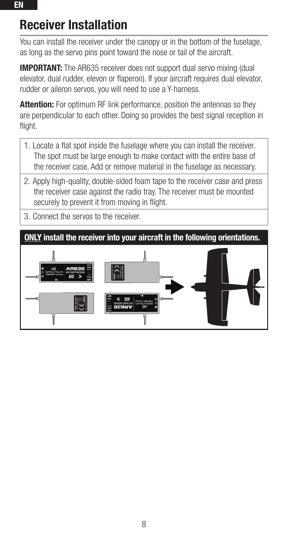 Receiver installation | Spektrum SPMAR635 User Manual | Page 8 / 27