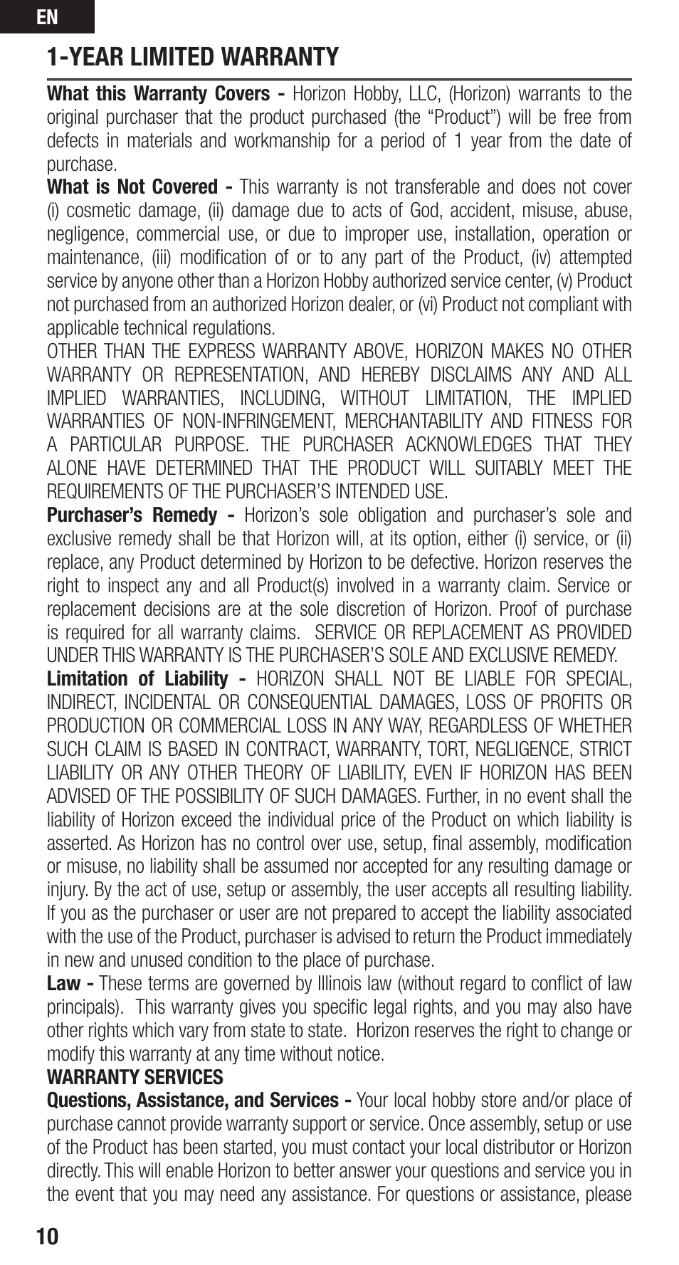 Year limited warranty | Spektrum SPMAR6335 User Manual | Page 10 / 14