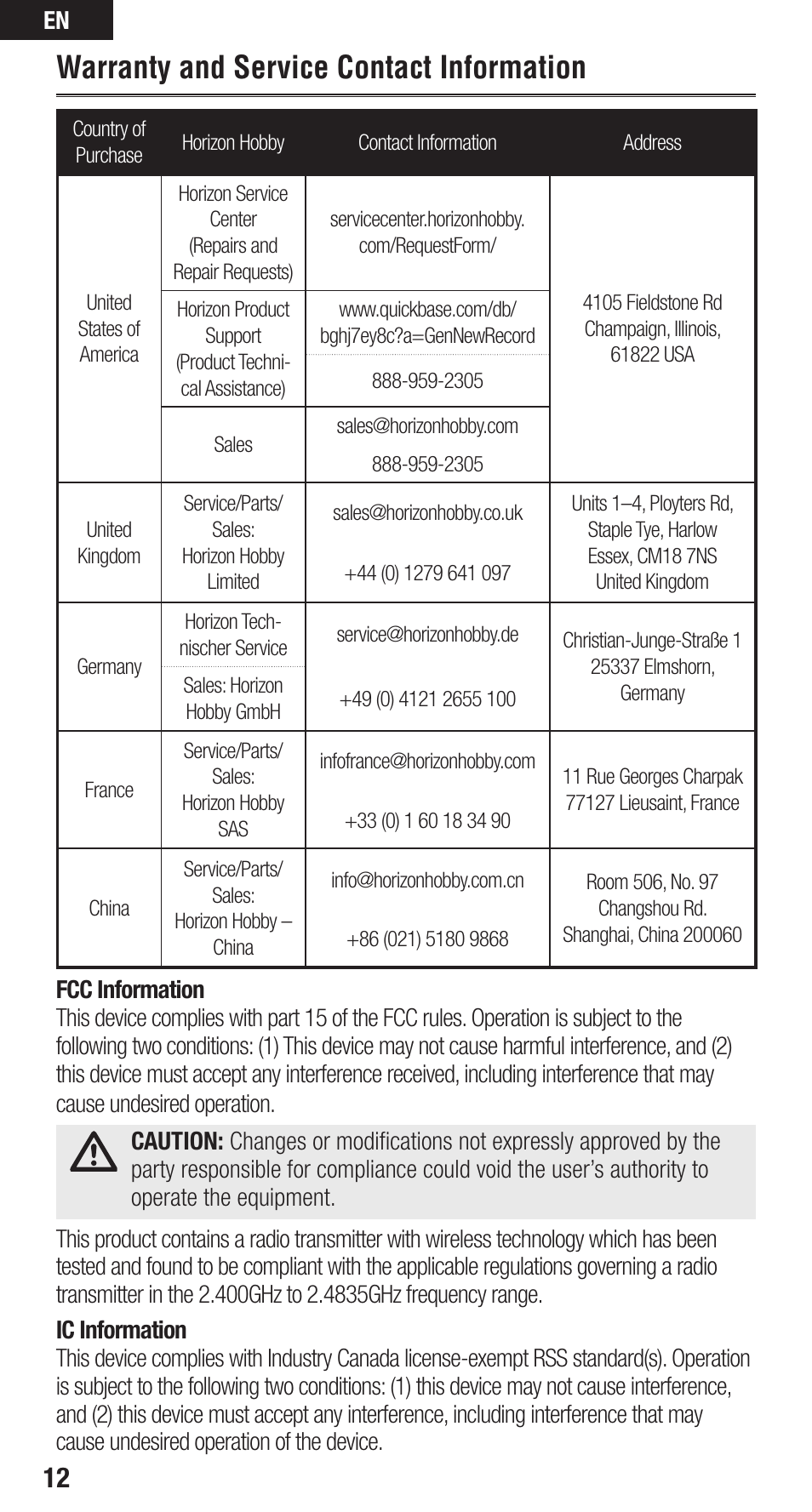 Warranty and service contact information | Spektrum SPMAR6335 User Manual | Page 12 / 14