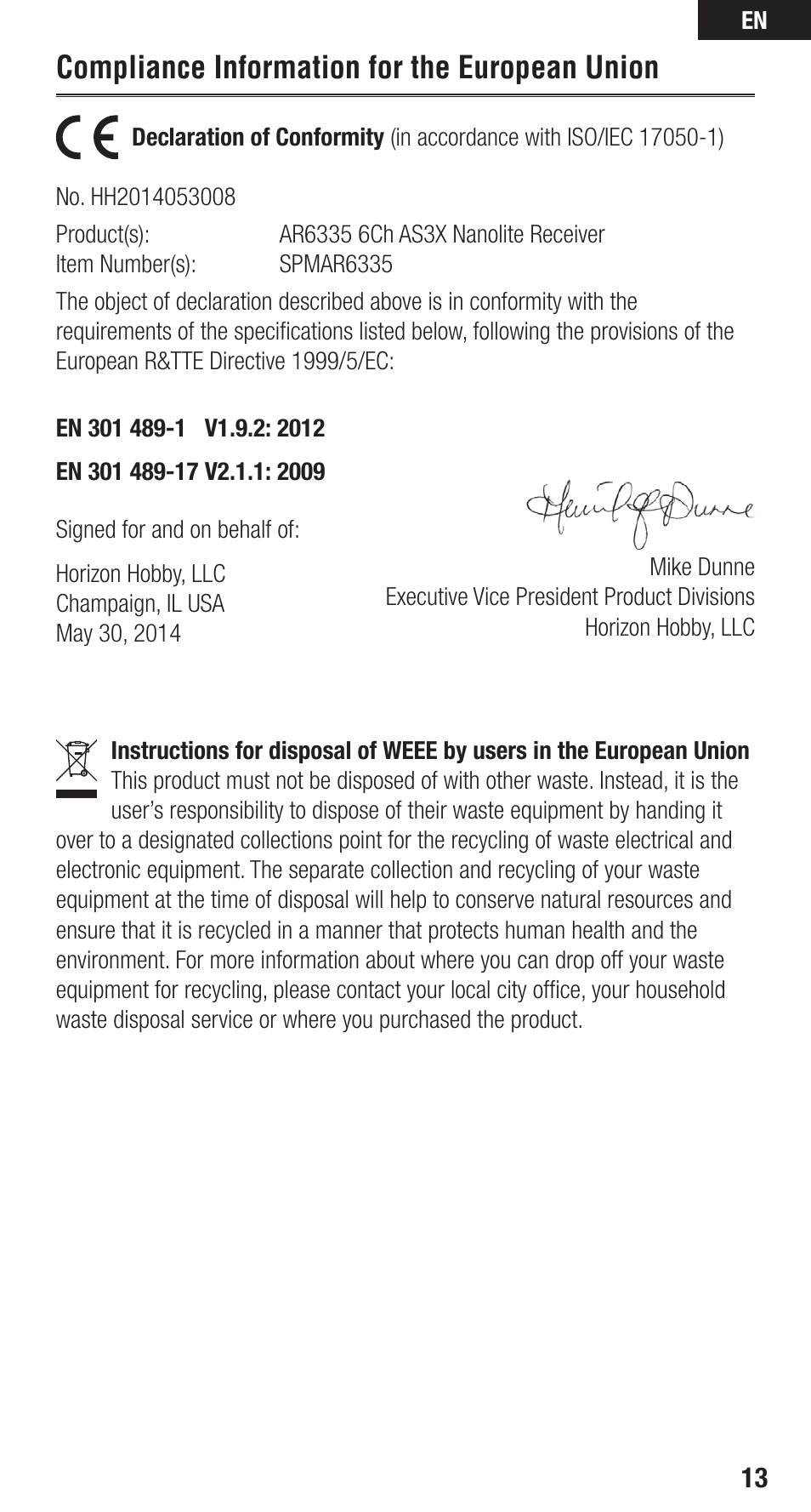 Compliance information for the european union | Spektrum SPMAR6335 User Manual | Page 13 / 14