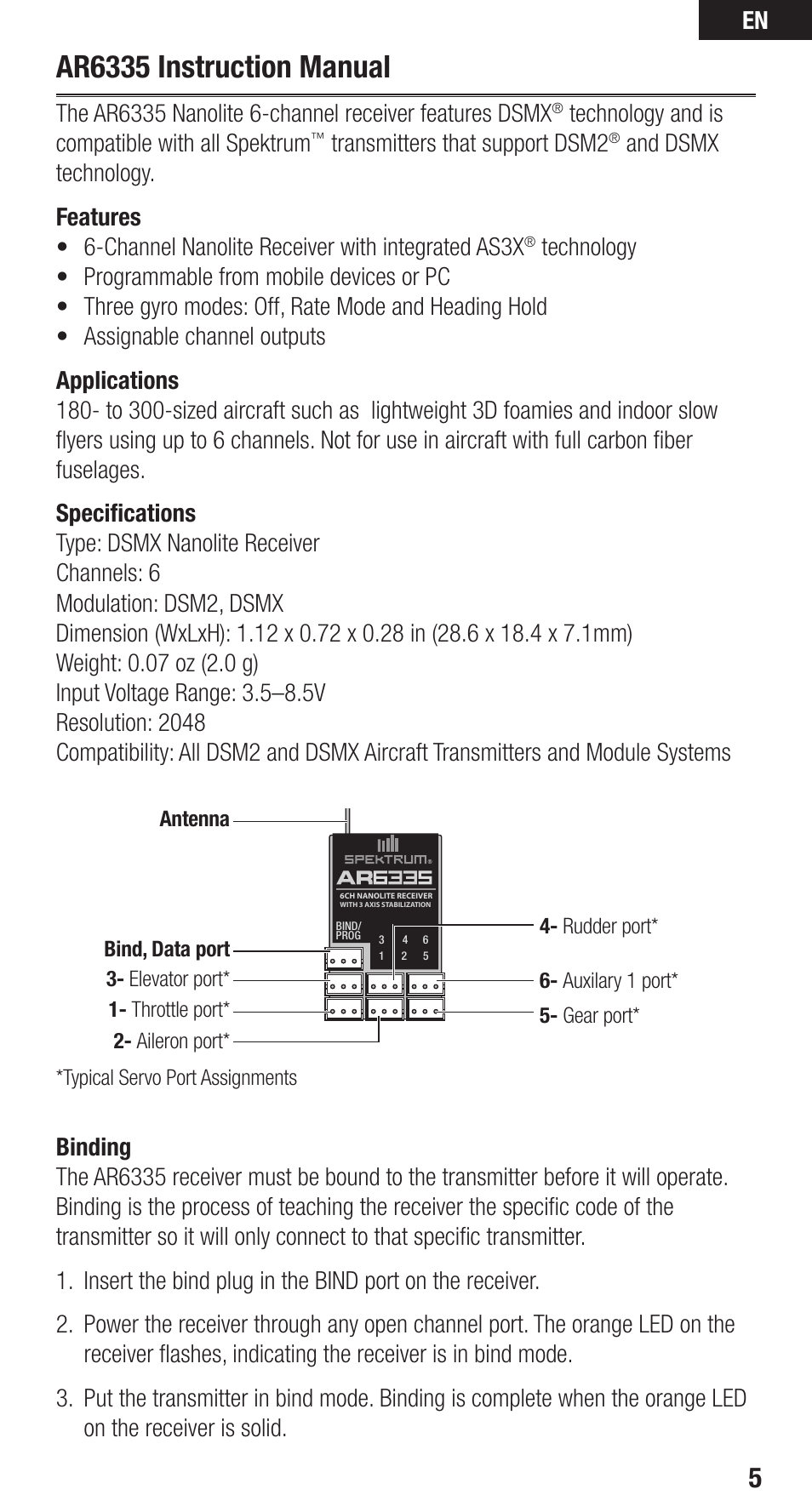 Ar6335 instruction manual, Technology and is compatible with all spektrum, Transmitters that support dsm2 | Spektrum SPMAR6335 User Manual | Page 5 / 14