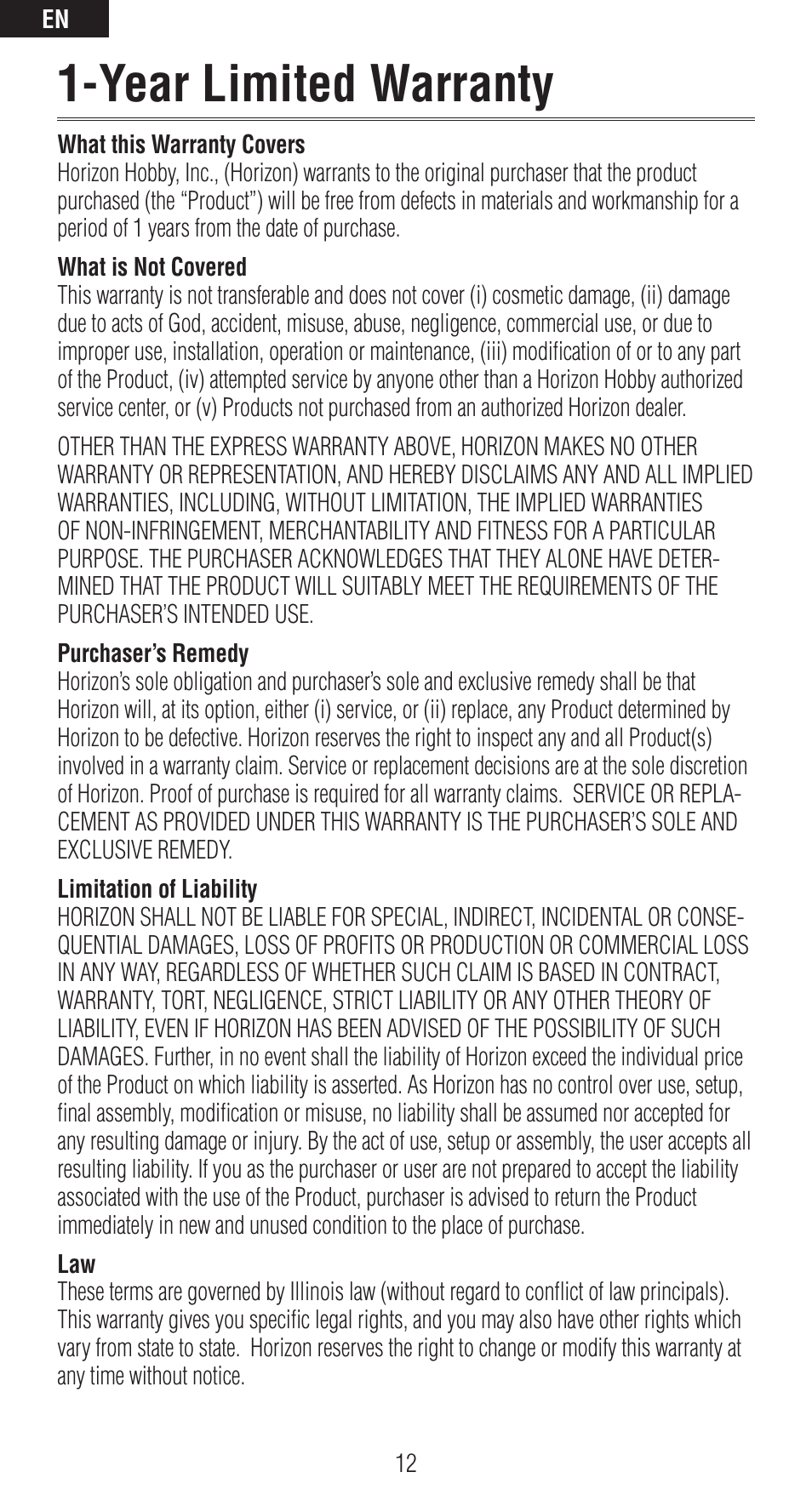 Year limited warranty | Spektrum SPMAR6310 User Manual | Page 12 / 60