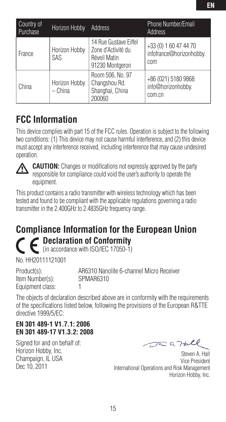 Fcc information, Compliance information for the european union, Declaration of conformity | Spektrum SPMAR6310 User Manual | Page 15 / 60