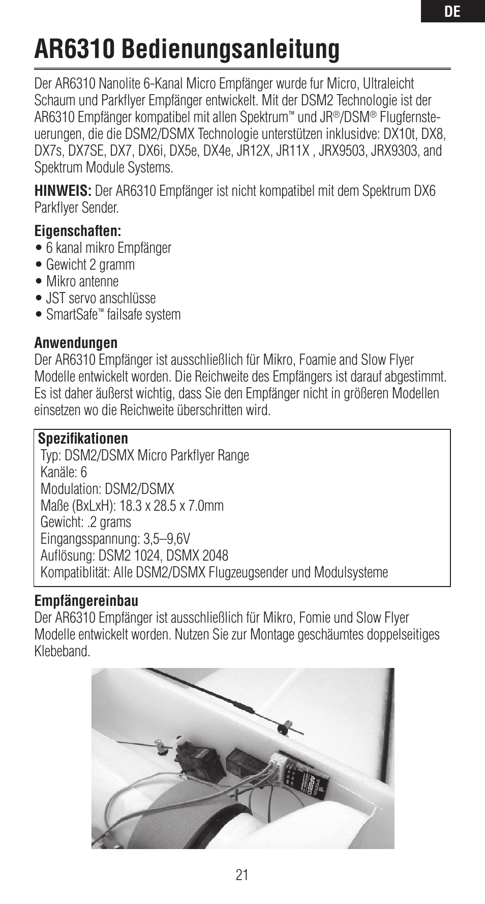 Ar6310 bedienungsanleitung | Spektrum SPMAR6310 User Manual | Page 21 / 60