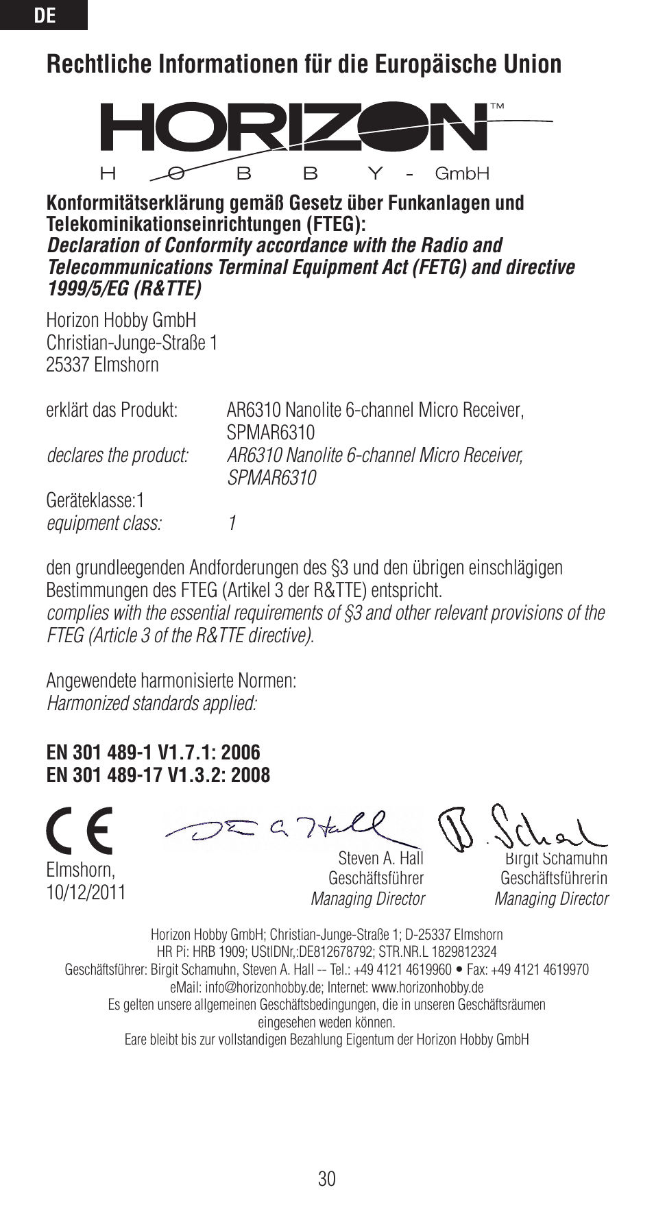 Rechtliche informationen für die europäische union | Spektrum SPMAR6310 User Manual | Page 30 / 60