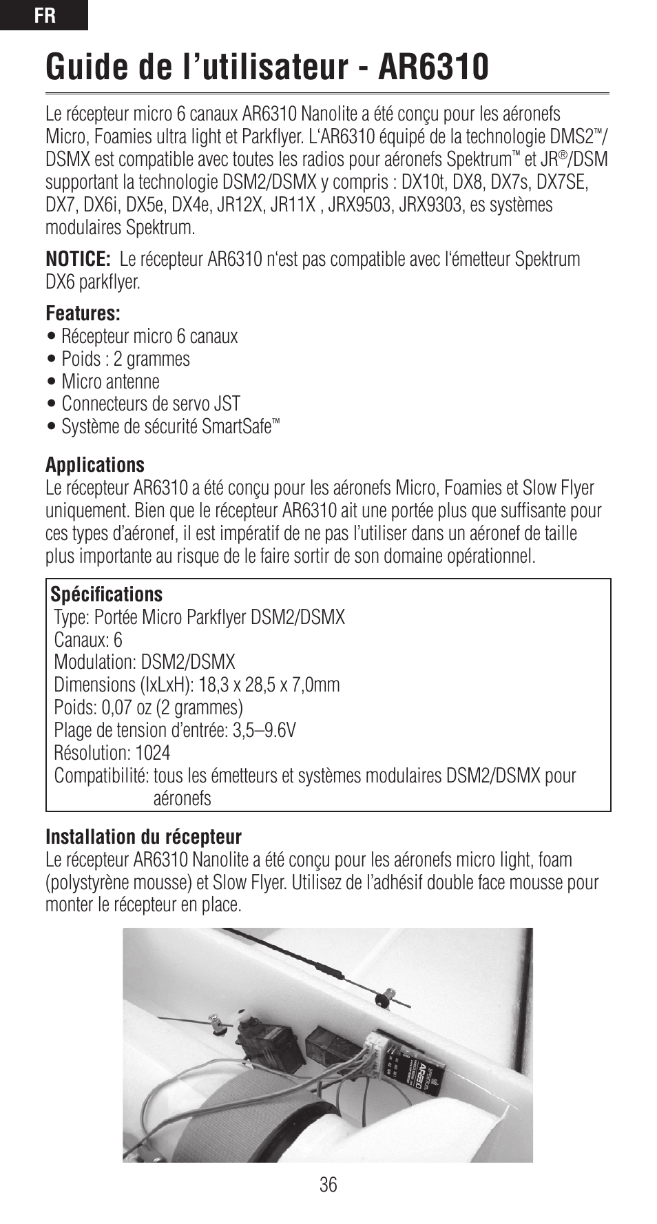 Guide de l’utilisateur - ar6310 | Spektrum SPMAR6310 User Manual | Page 36 / 60