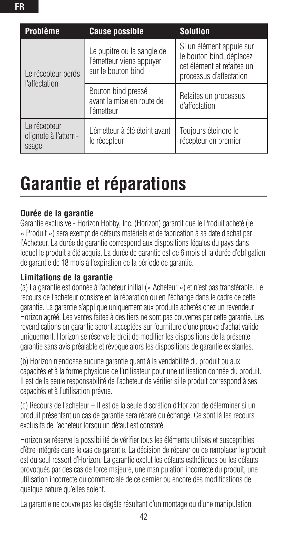 Garantie et réparations | Spektrum SPMAR6310 User Manual | Page 42 / 60