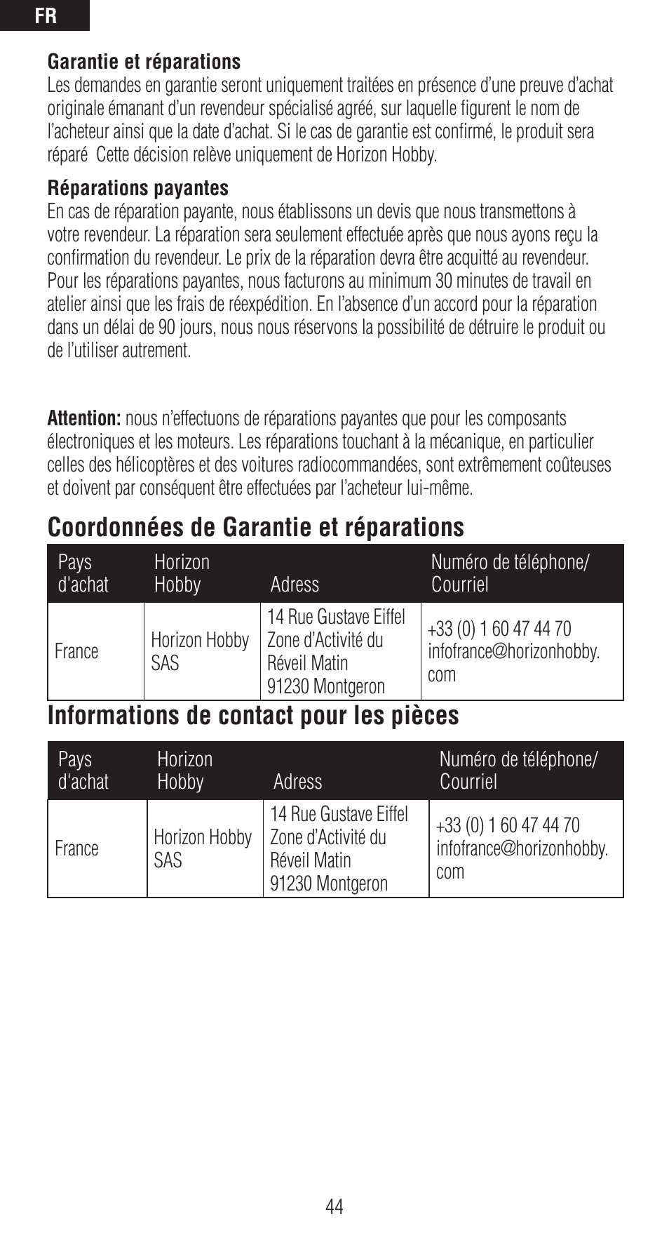 Coordonnées de garantie et réparations, Informations de contact pour les pièces | Spektrum SPMAR6310 User Manual | Page 44 / 60