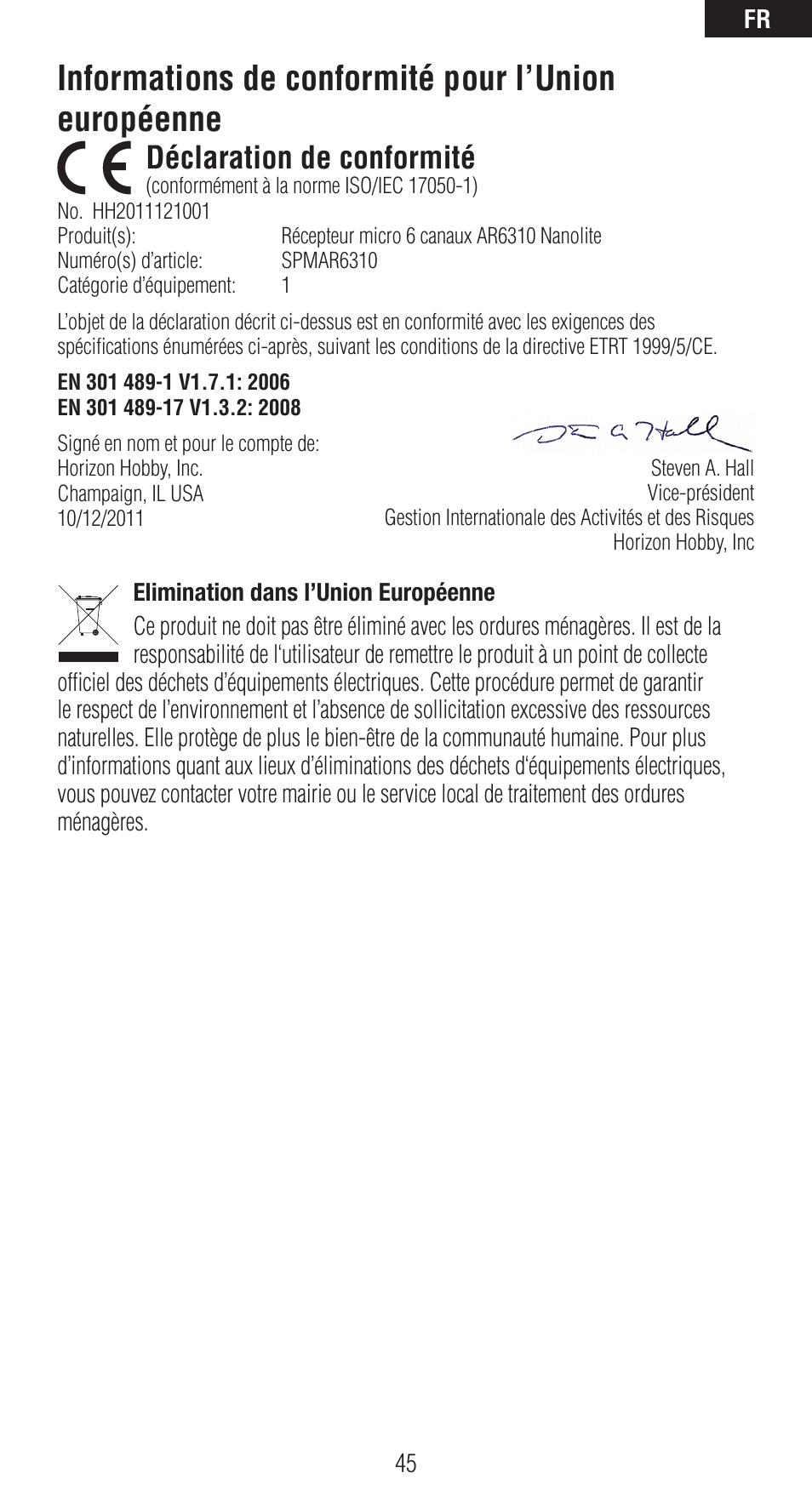 Informations de conformité pour l’union européenne, Déclaration de conformité | Spektrum SPMAR6310 User Manual | Page 45 / 60