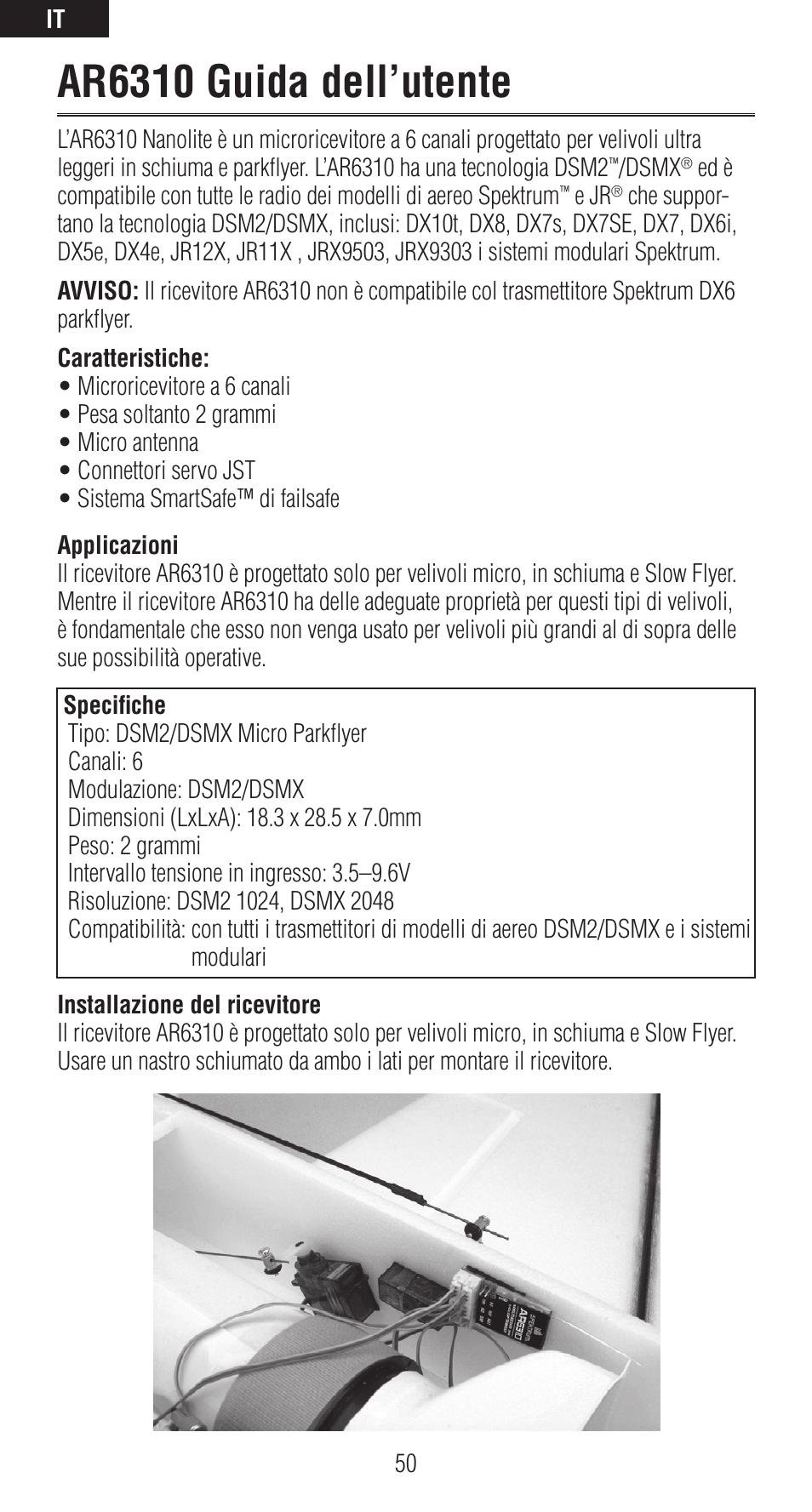 Ar6310 guida dell’utente | Spektrum SPMAR6310 User Manual | Page 50 / 60