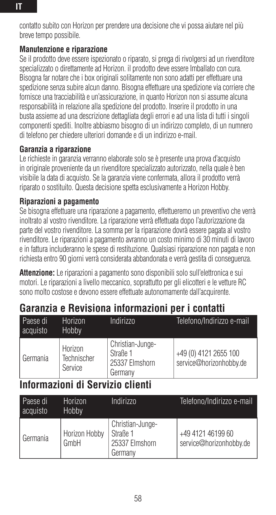 Garanzia e revisiona informazioni per i contatti, Informazioni di servizio clienti | Spektrum SPMAR6310 User Manual | Page 58 / 60