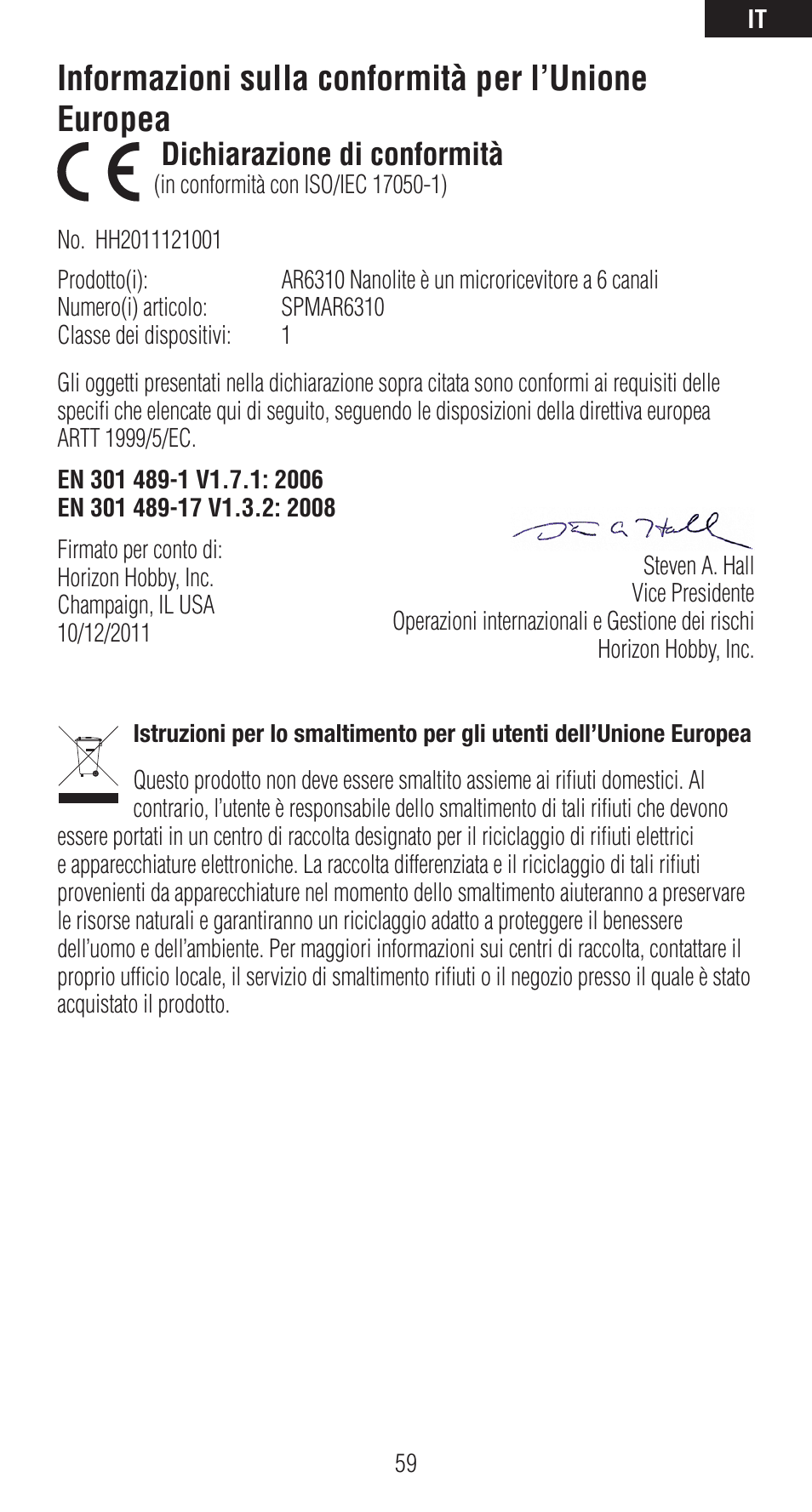 Informazioni sulla conformità per l’unione europea, Dichiarazione di conformità | Spektrum SPMAR6310 User Manual | Page 59 / 60