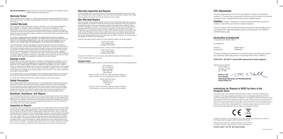 Fcc information, Caution, Declaration of conformity | Warranty inspection and repairs, Non-warranty repairs, Warranty period, Limited warranty, Damage limits, Safety precautions, Questions, assistance, and repairs | Spektrum SPMAR6300 User Manual | Page 2 / 2