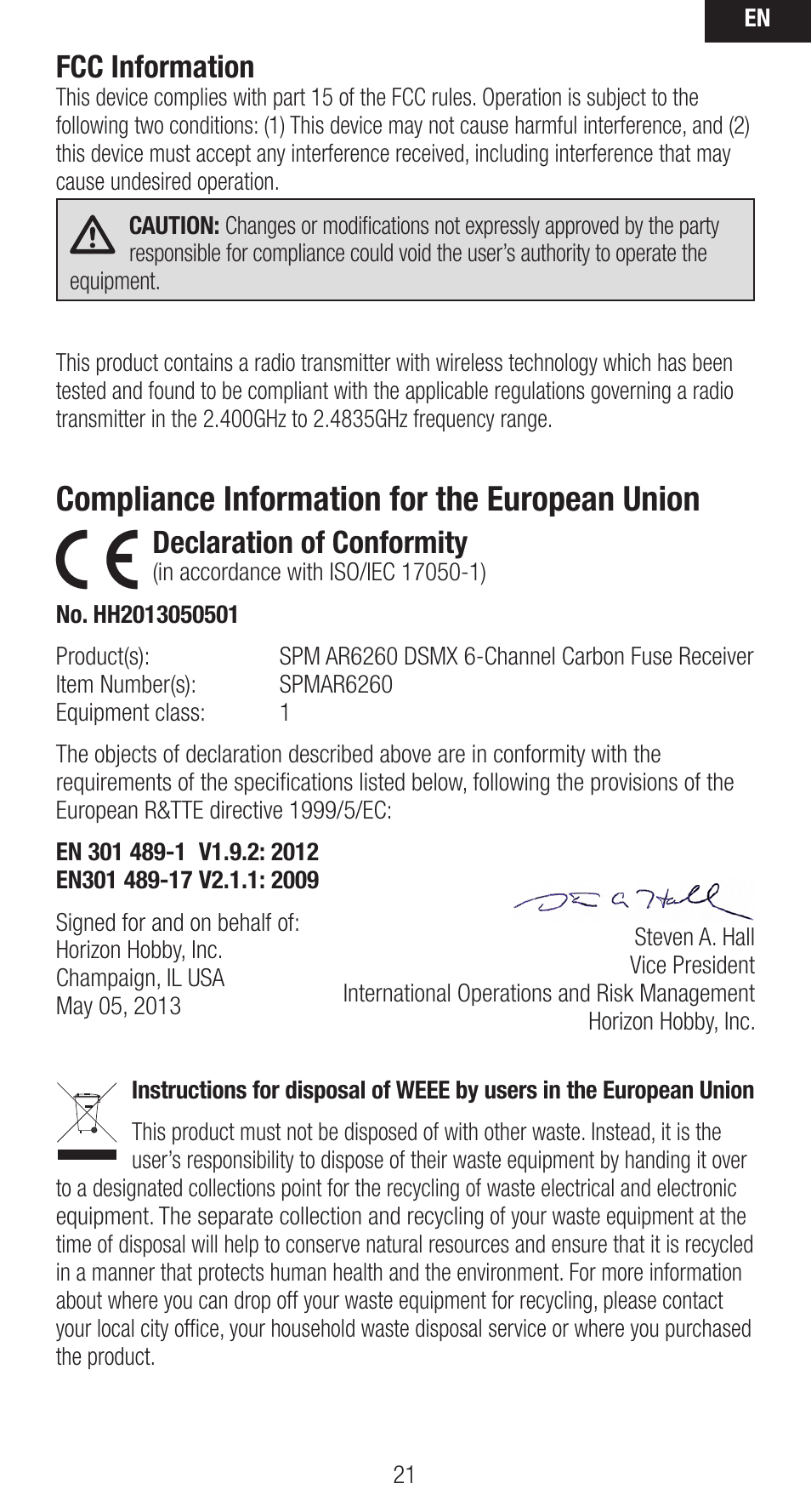 Compliance information for the european union, Fcc information, Declaration of conformity | Spektrum SPMAR6260 User Manual | Page 21 / 22