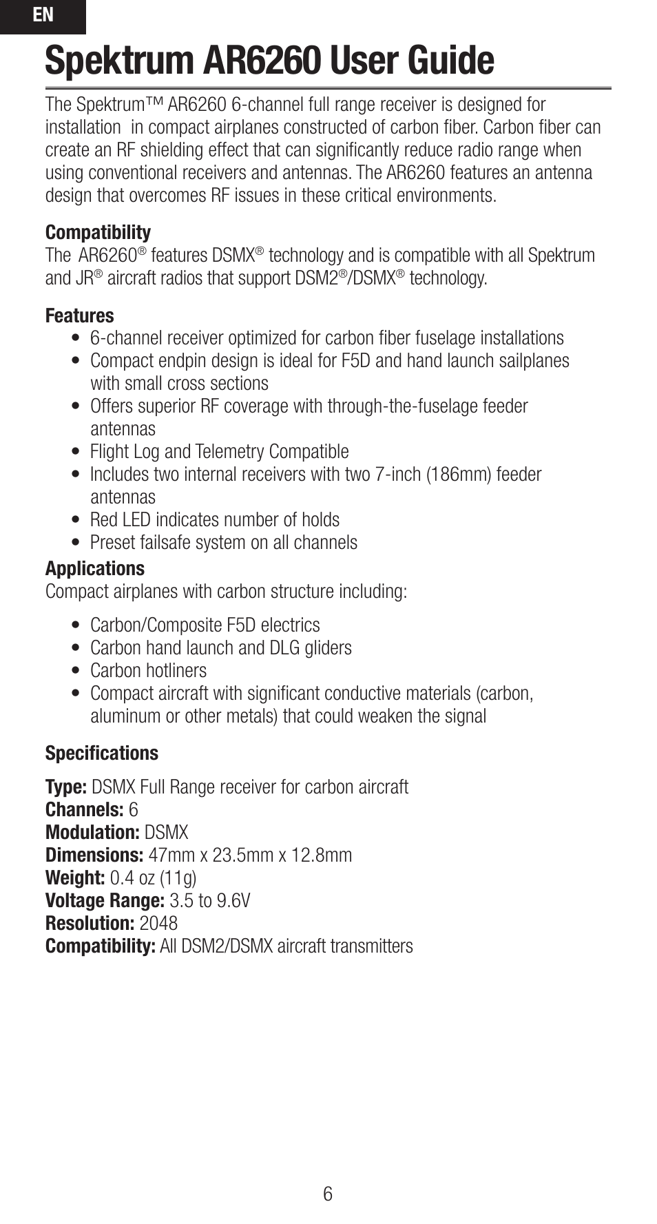 Spektrum ar6260 user guide | Spektrum SPMAR6260 User Manual | Page 6 / 22