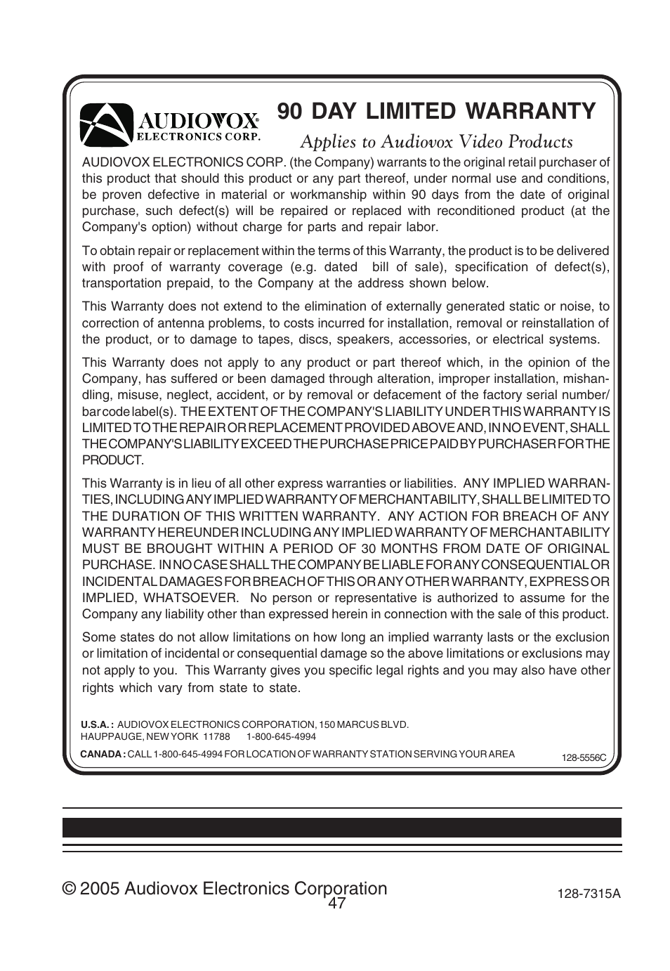 90 day limited warranty, Applies to audiovox video products, 2005 audiovox electronics corporation | Audiovox D1812PKG User Manual | Page 47 / 47