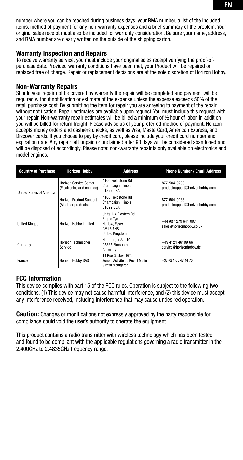 Warranty inspection and repairs, Non-warranty repairs, Fcc information | Caution | Spektrum SPMAR6255 User Manual | Page 12 / 50