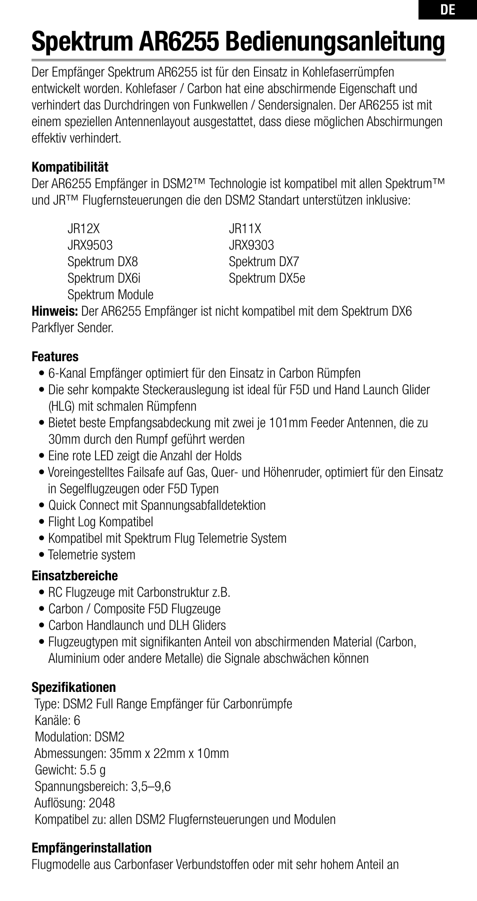 Spektrum ar6255 bedienungsanleitung | Spektrum SPMAR6255 User Manual | Page 14 / 50