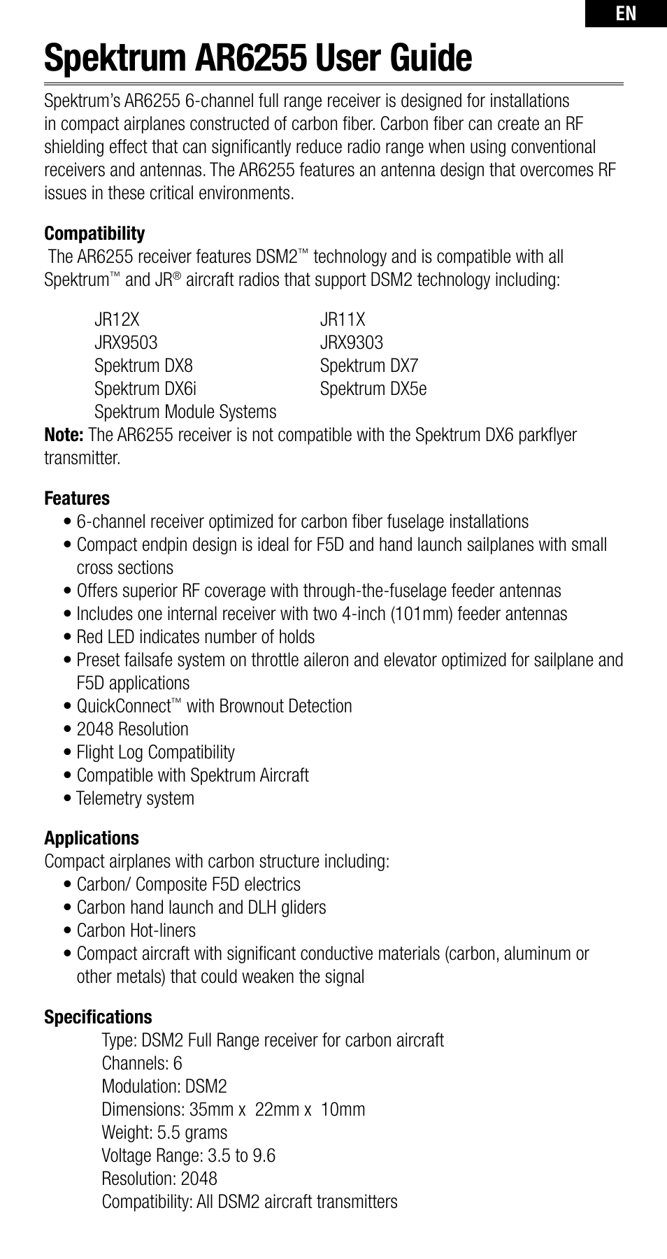 Spektrum ar6255 user guide | Spektrum SPMAR6255 User Manual | Page 2 / 50