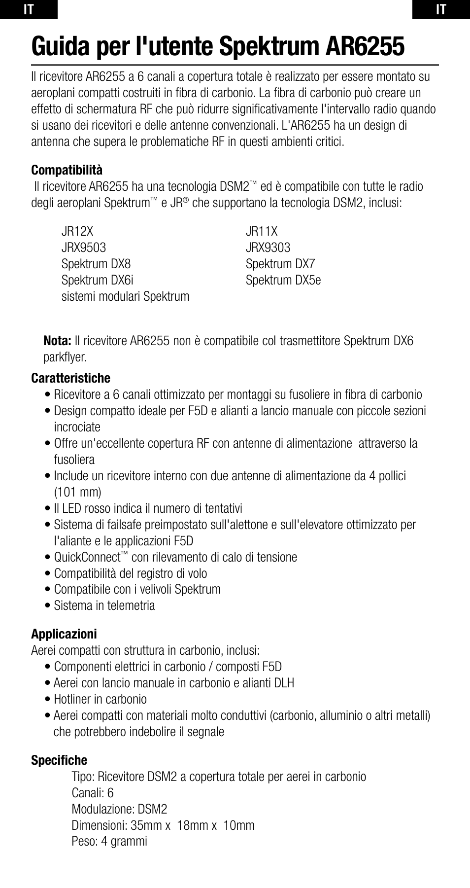 Guida per l'utente spektrum ar6255 | Spektrum SPMAR6255 User Manual | Page 37 / 50