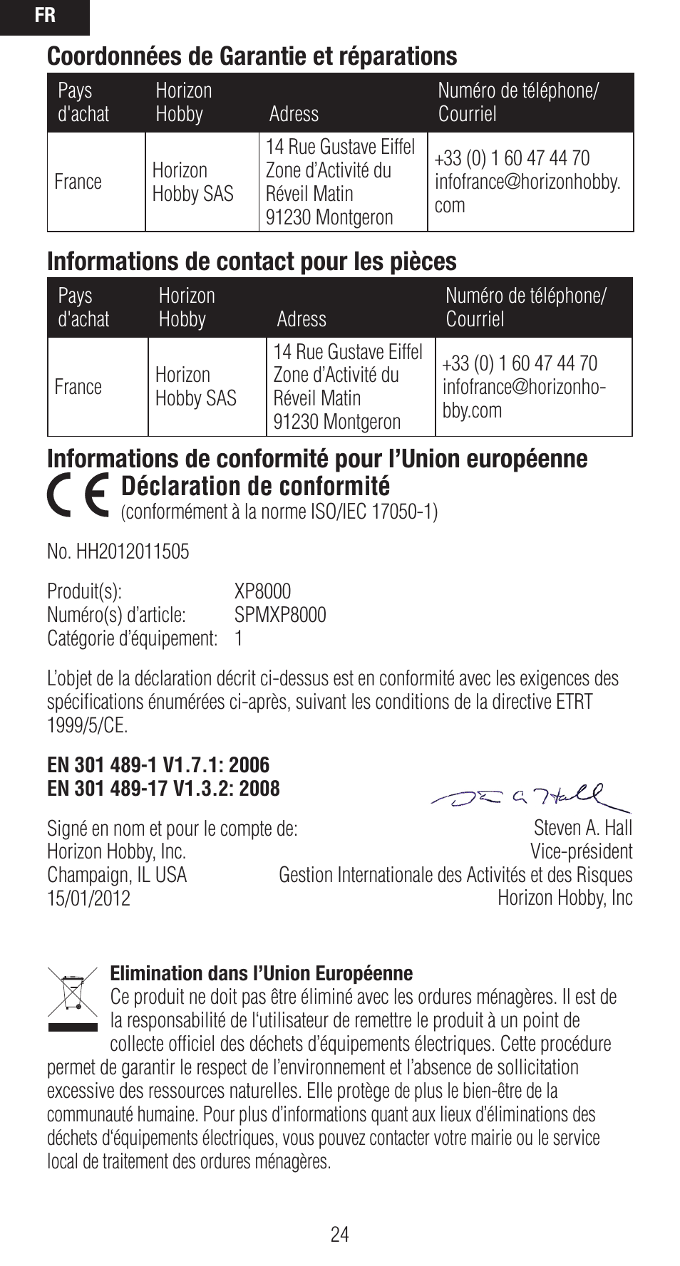 Coordonnées de garantie et réparations, Informations de contact pour les pièces | Spektrum SPMXP8000 User Manual | Page 24 / 32