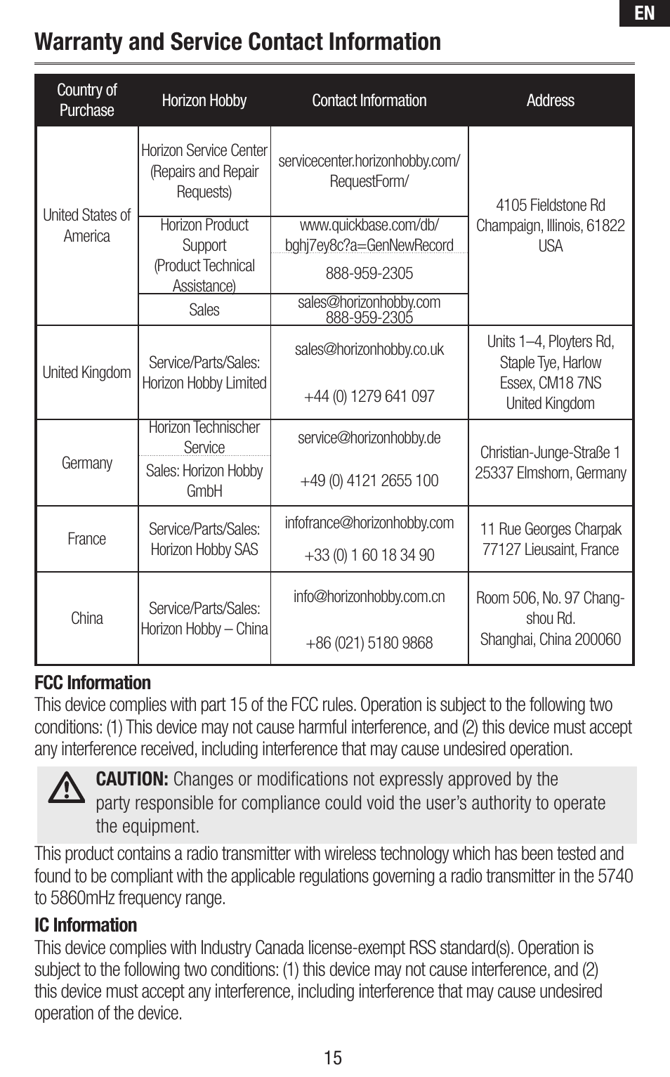 Warranty and service contact information | Spektrum SPMVS1100 User Manual | Page 15 / 20