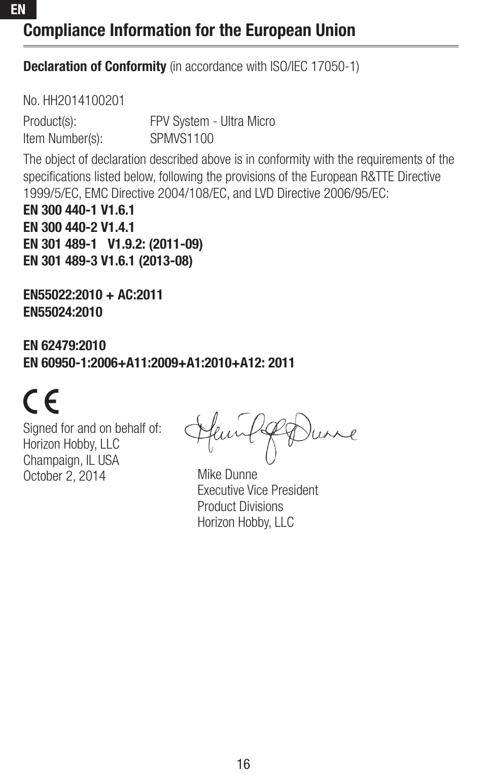Compliance information for the european union | Spektrum SPMVS1100 User Manual | Page 16 / 20