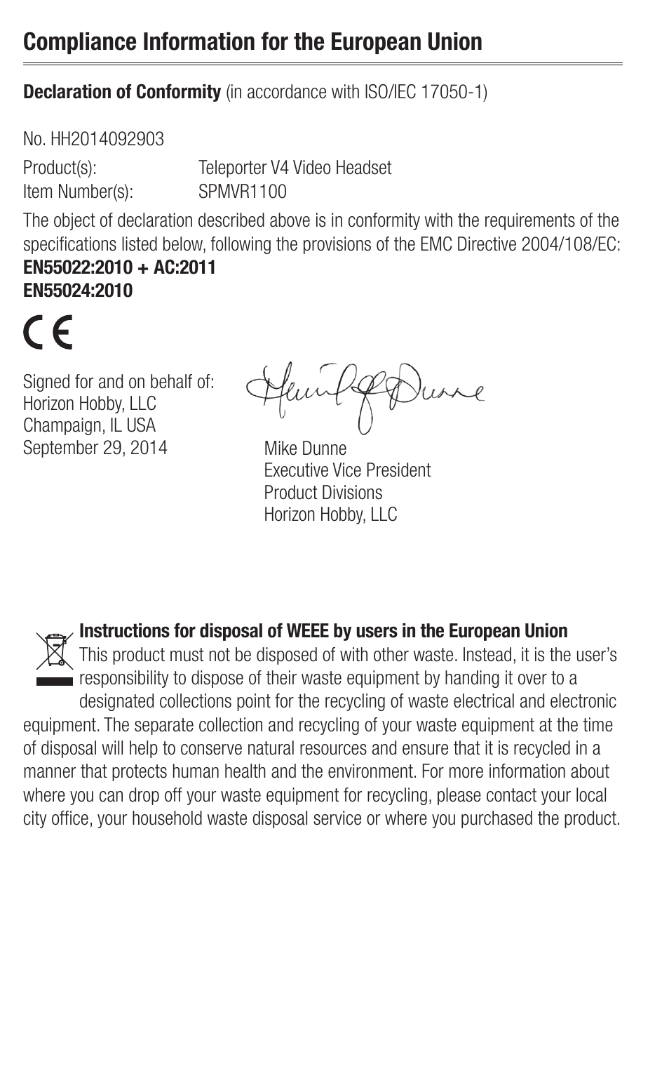 Compliance information for the european union | Spektrum SPMVS1100 User Manual | Page 17 / 20