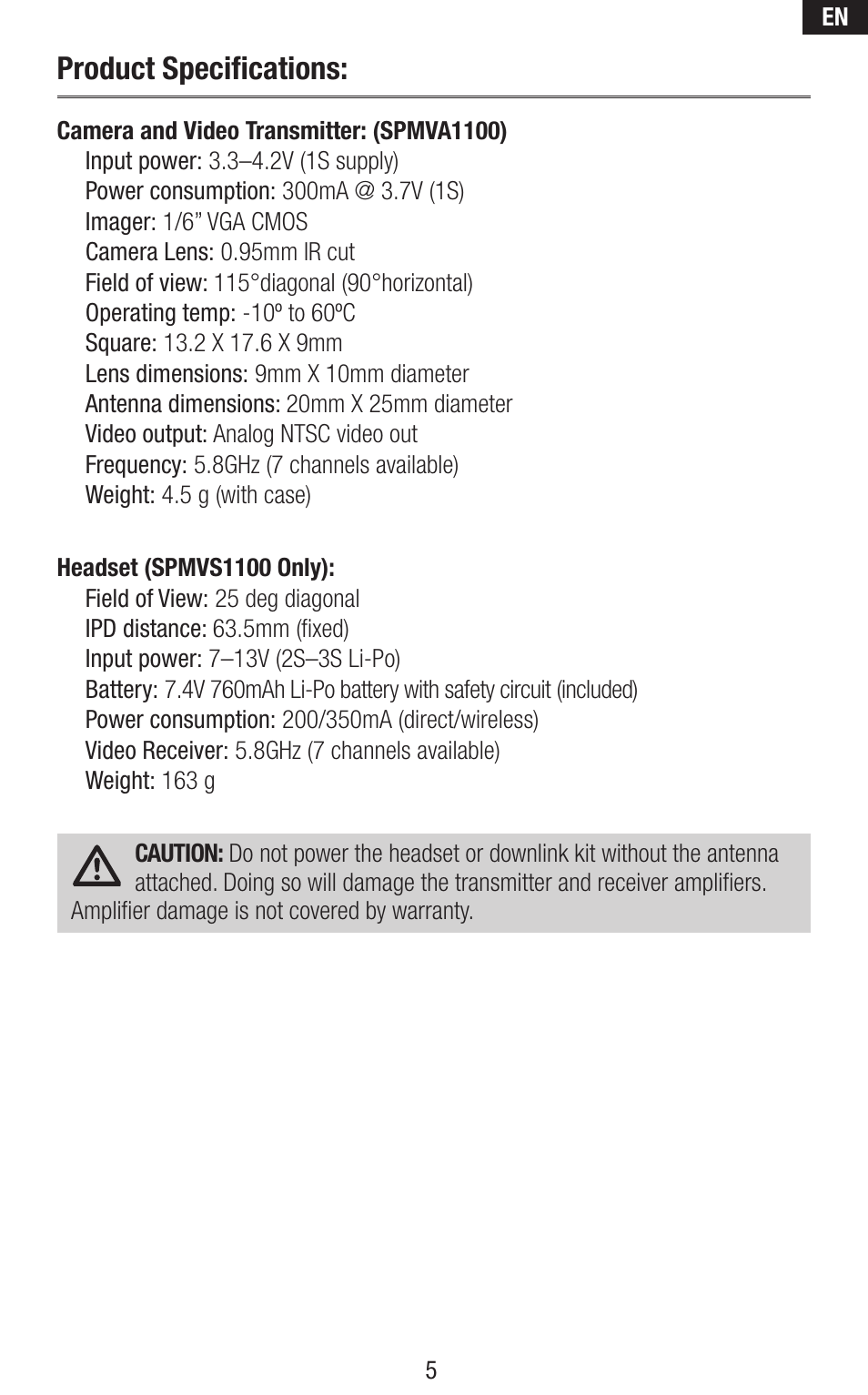 Product specifications | Spektrum SPMVS1100 User Manual | Page 5 / 20