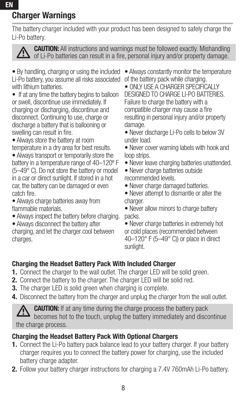 Charger warnings | Spektrum SPMVS1100 User Manual | Page 8 / 20