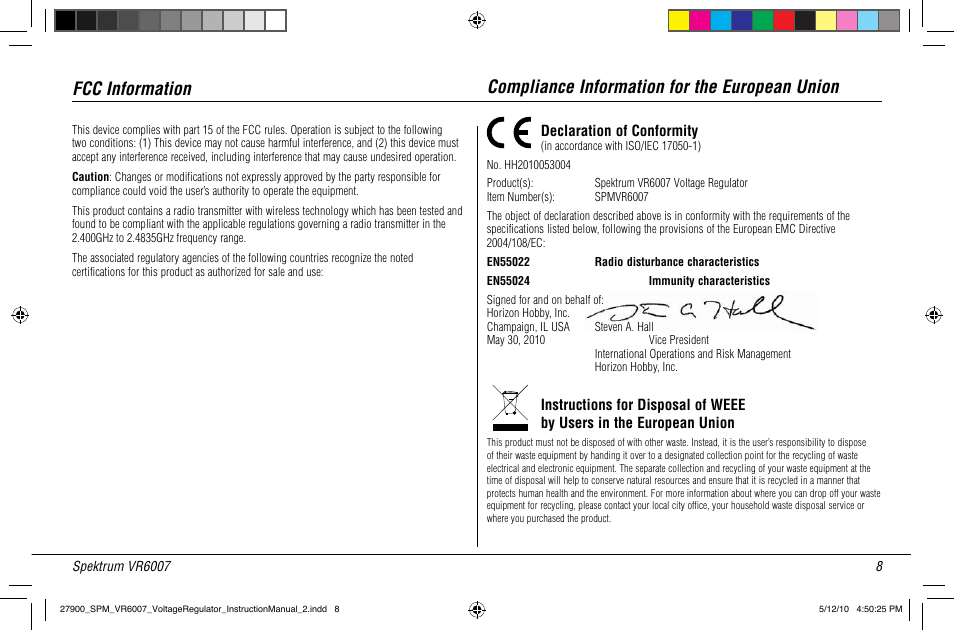 Fcc information, Compliance information for the european union, Declaration of conformity | Spektrum SPMVR6007 User Manual | Page 10 / 12