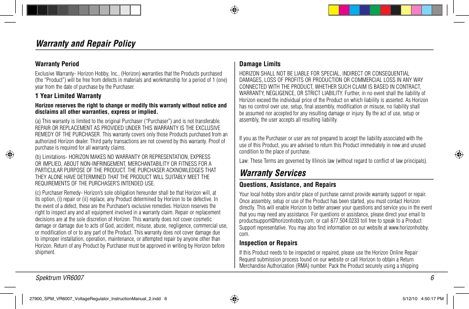 Warranty and repair policy, Warranty services | Spektrum SPMVR6007 User Manual | Page 8 / 12