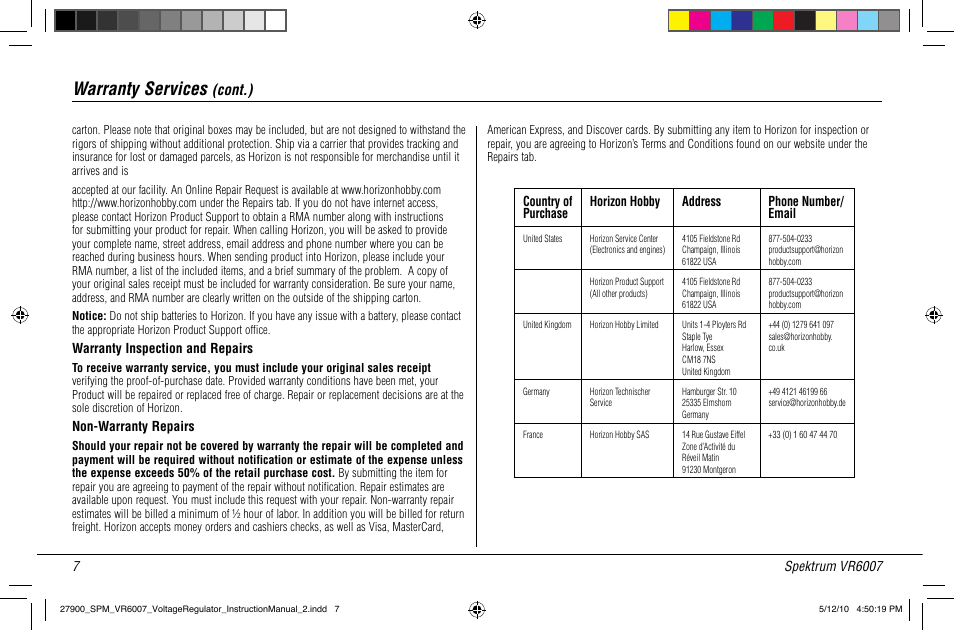 Warranty services, Cont.) | Spektrum SPMVR6007 User Manual | Page 9 / 12