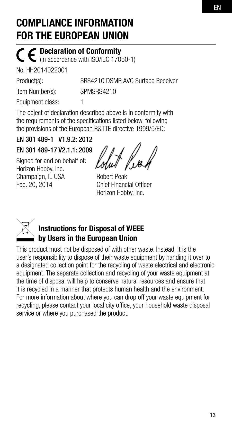 Compliance information for the european union | Spektrum SPMSRS4210 User Manual | Page 13 / 13