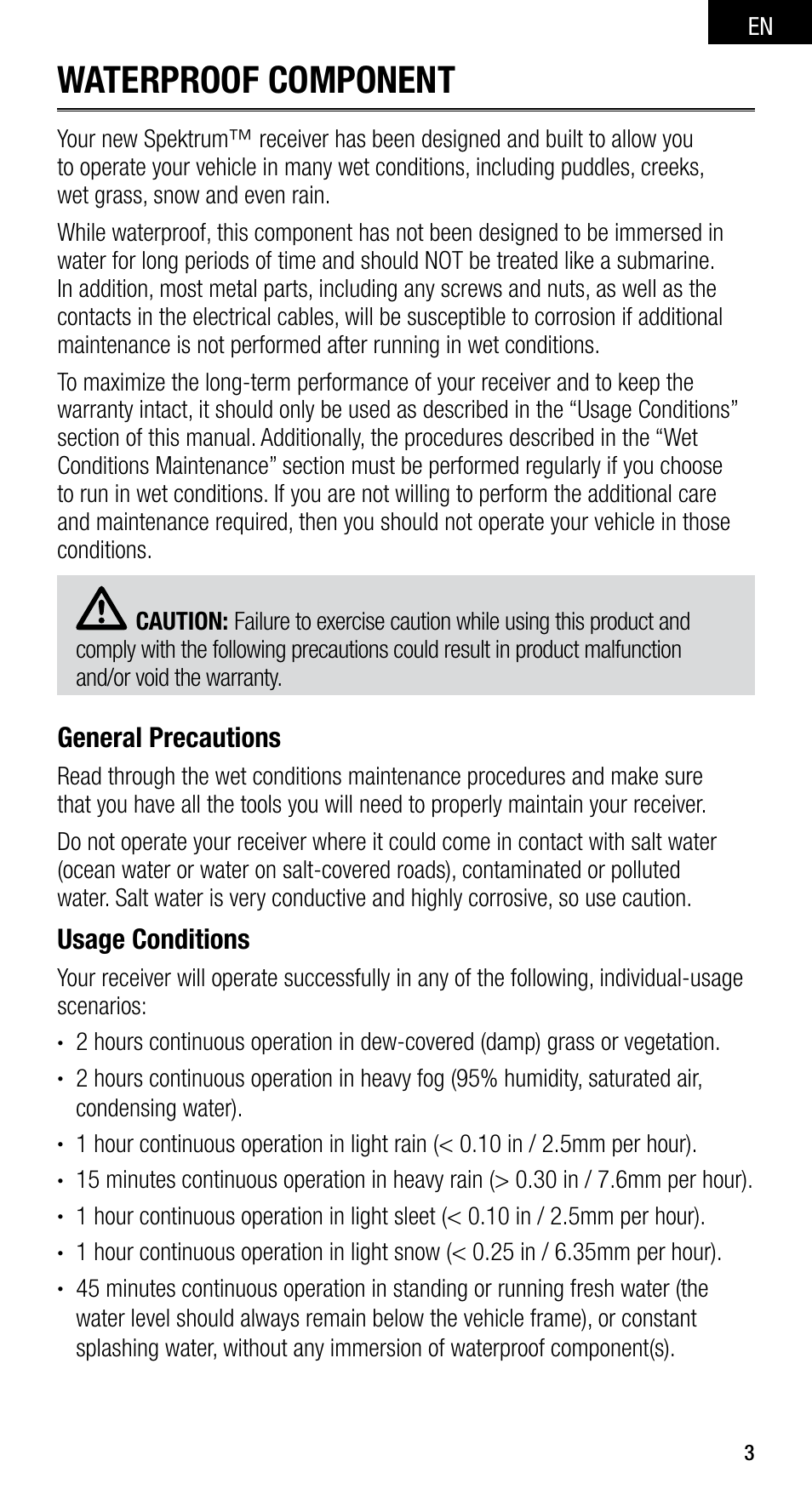 Waterproof component, General precautions, Usage conditions | Spektrum SPMSRS4210 User Manual | Page 3 / 13