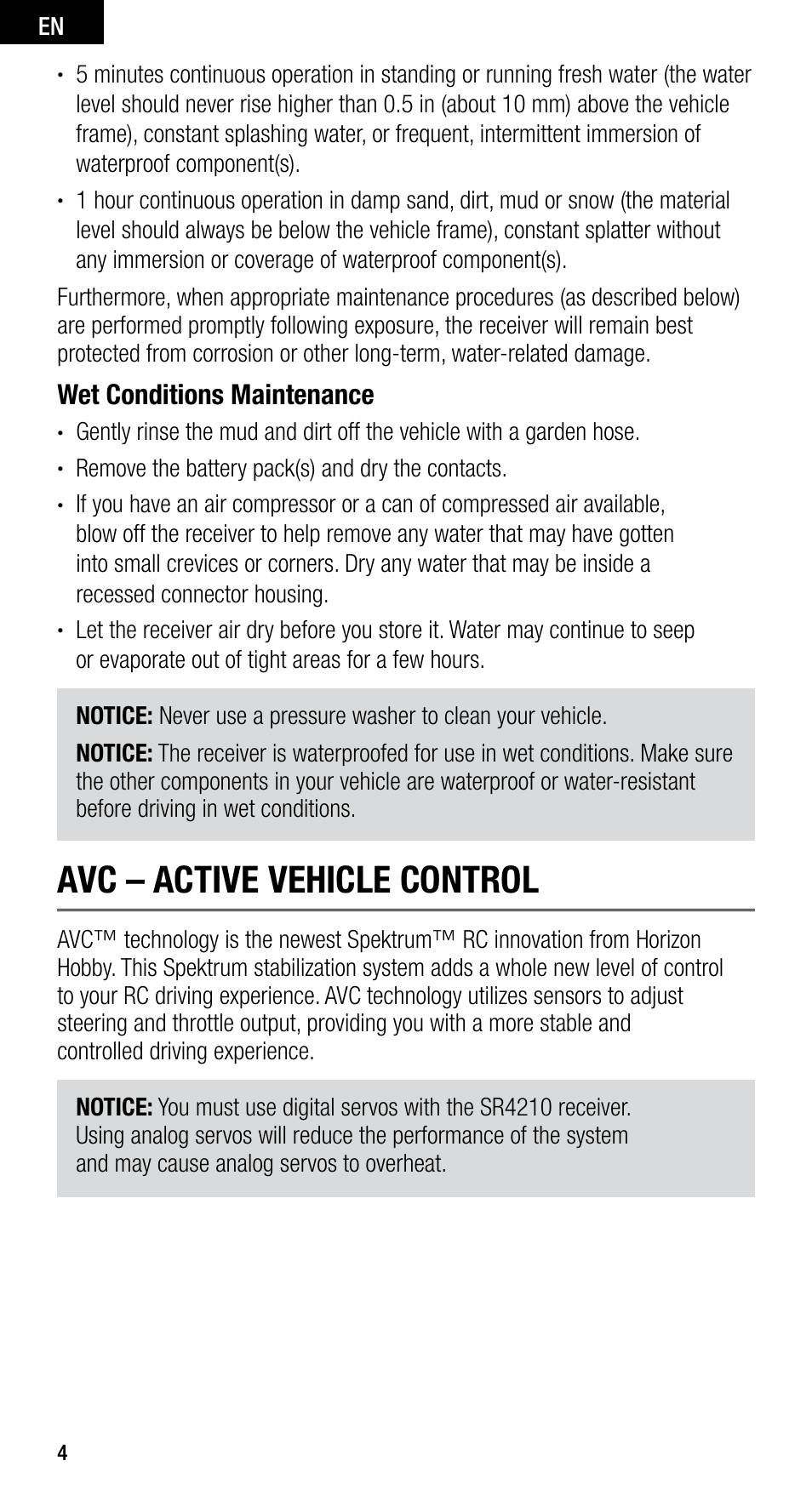 Avc – active vehicle control, Wet conditions maintenance | Spektrum SPMSRS4210 User Manual | Page 4 / 13