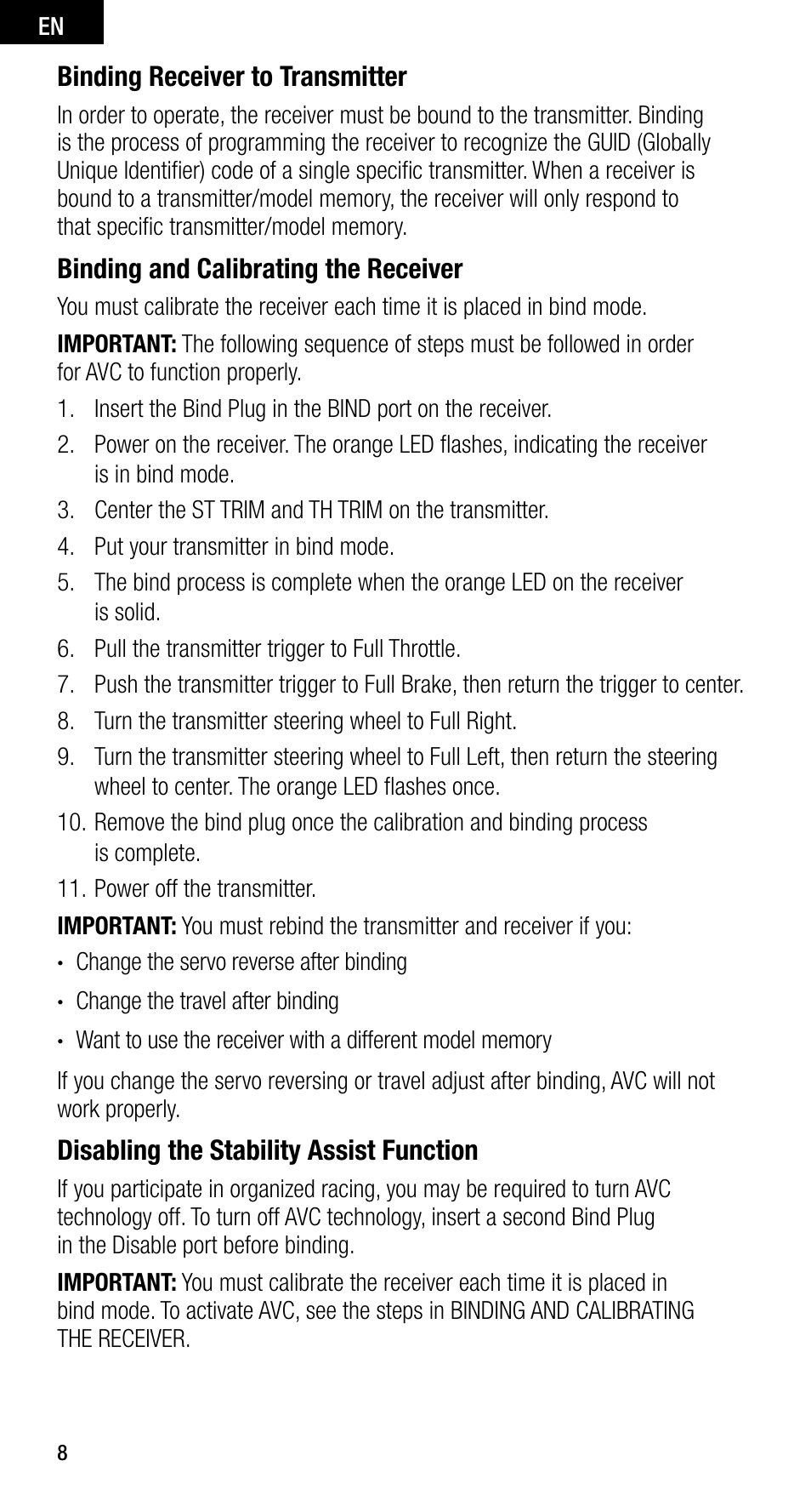 Binding receiver to transmitter, Binding and calibrating the receiver, Disabling the stability assist function | Spektrum SPMSRS4210 User Manual | Page 8 / 13