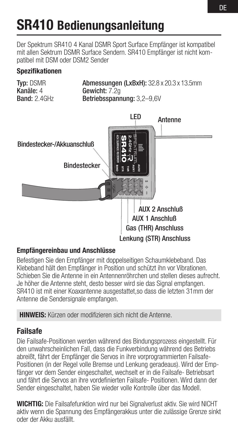 Sr410, Bedienungsanleitung | Spektrum SPMSR410 User Manual | Page 11 / 34