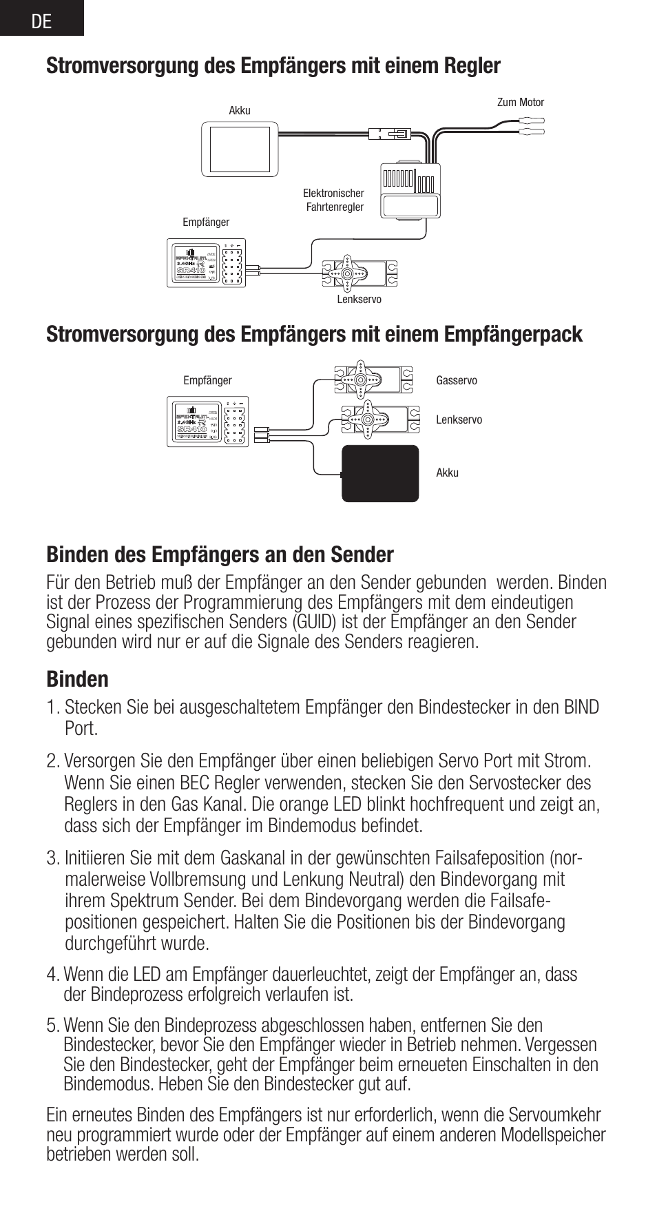 Binden des empfängers an den sender, Binden, Stromversorgung des empfängers mit einem regler | Spektrum SPMSR410 User Manual | Page 12 / 34