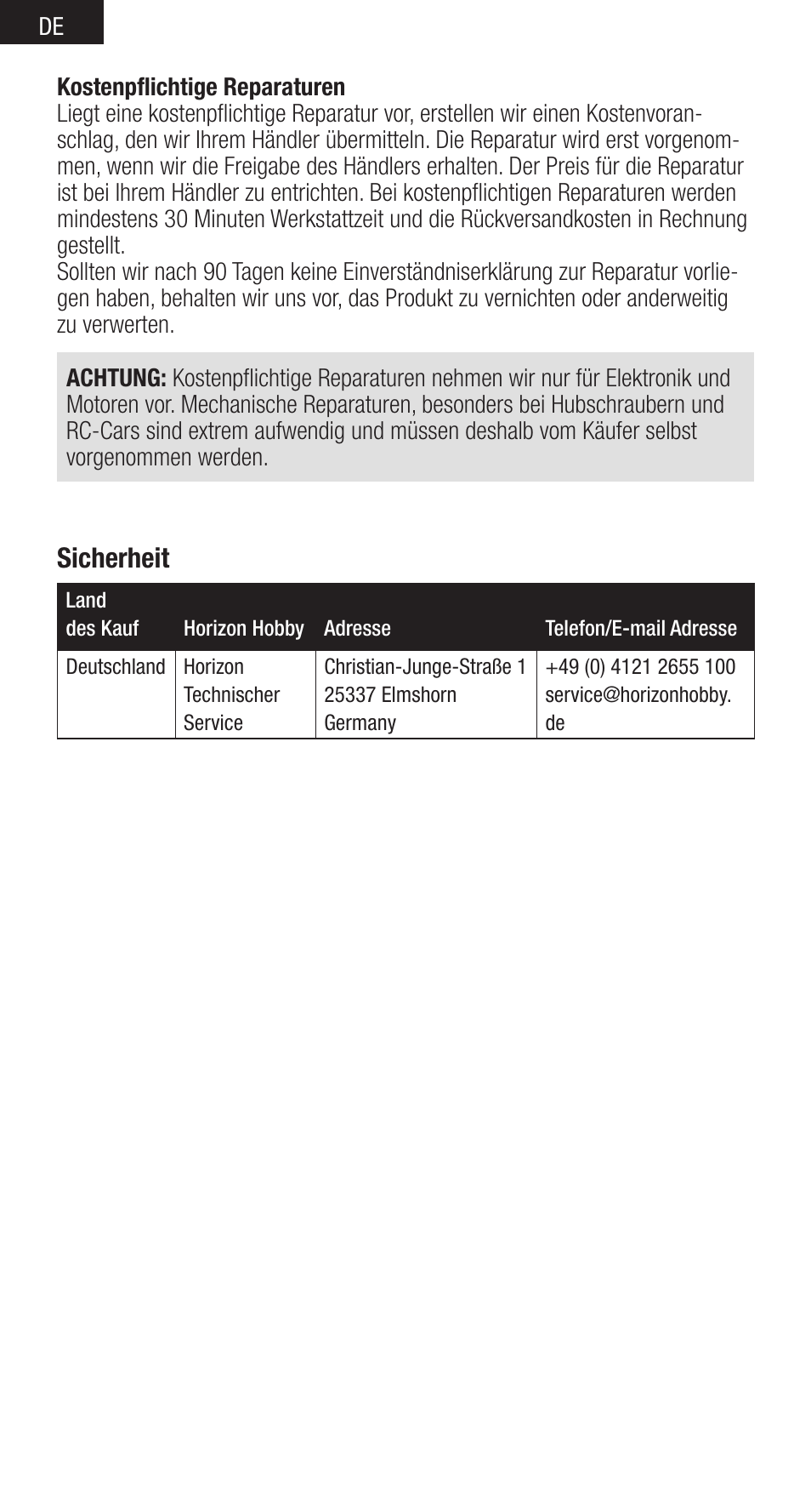 Sicherheit | Spektrum SPMSR410 User Manual | Page 16 / 34