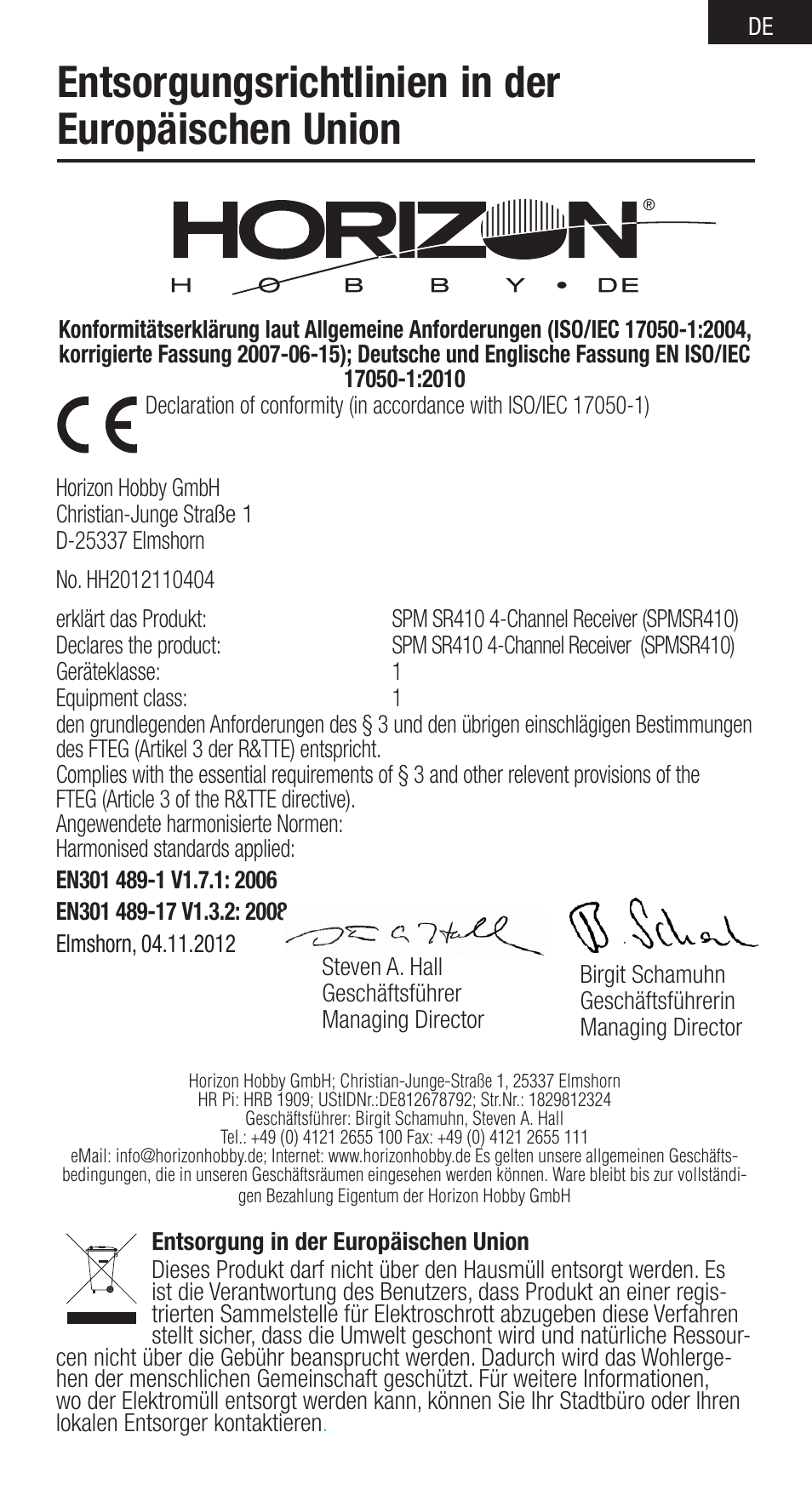 Entsorgungsrichtlinien in der europäischen union | Spektrum SPMSR410 User Manual | Page 17 / 34