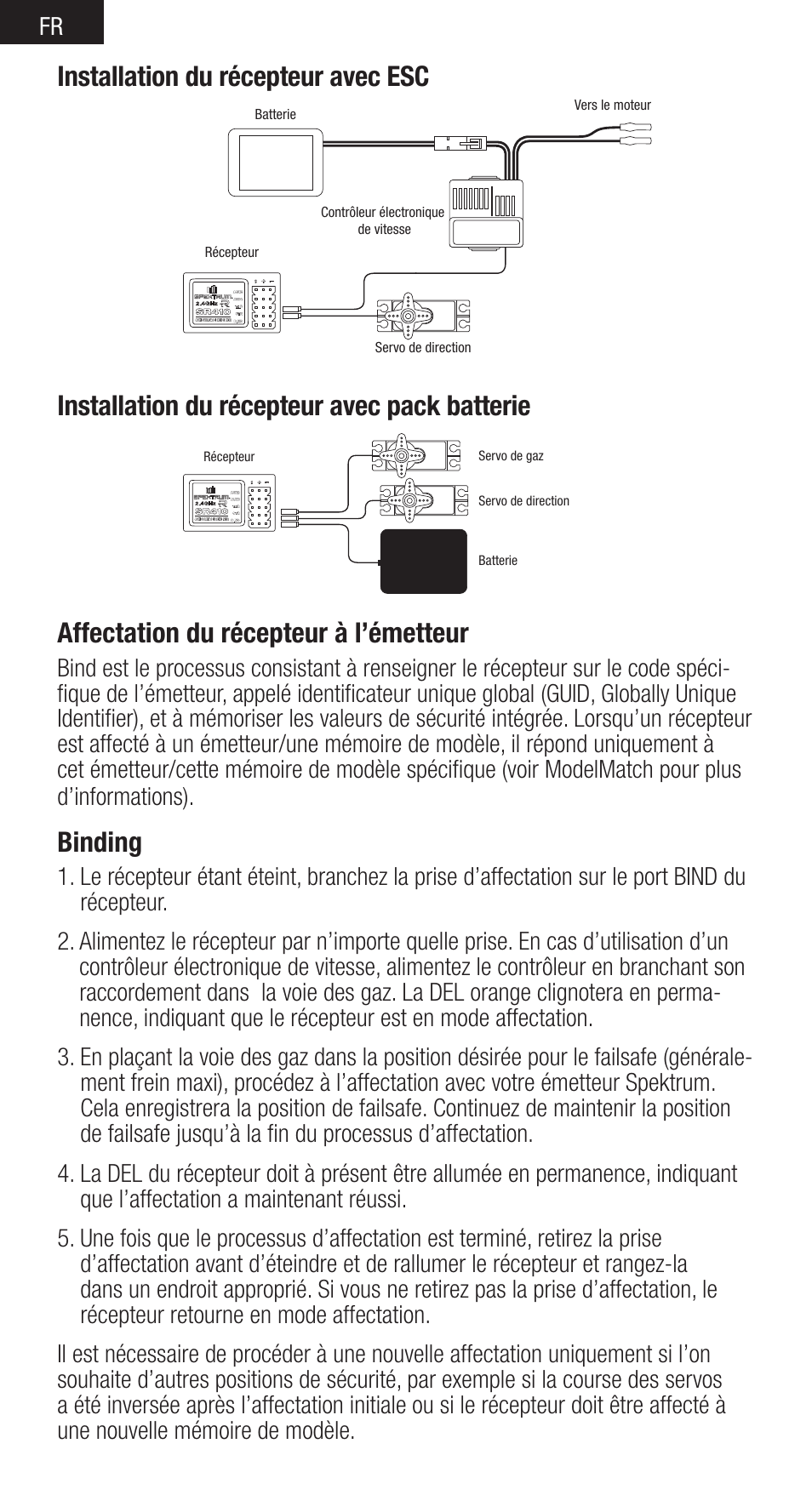 Affectation du récepteur à l’émetteur, Binding, Installation du récepteur avec pack batterie | Installation du récepteur avec esc | Spektrum SPMSR410 User Manual | Page 20 / 34