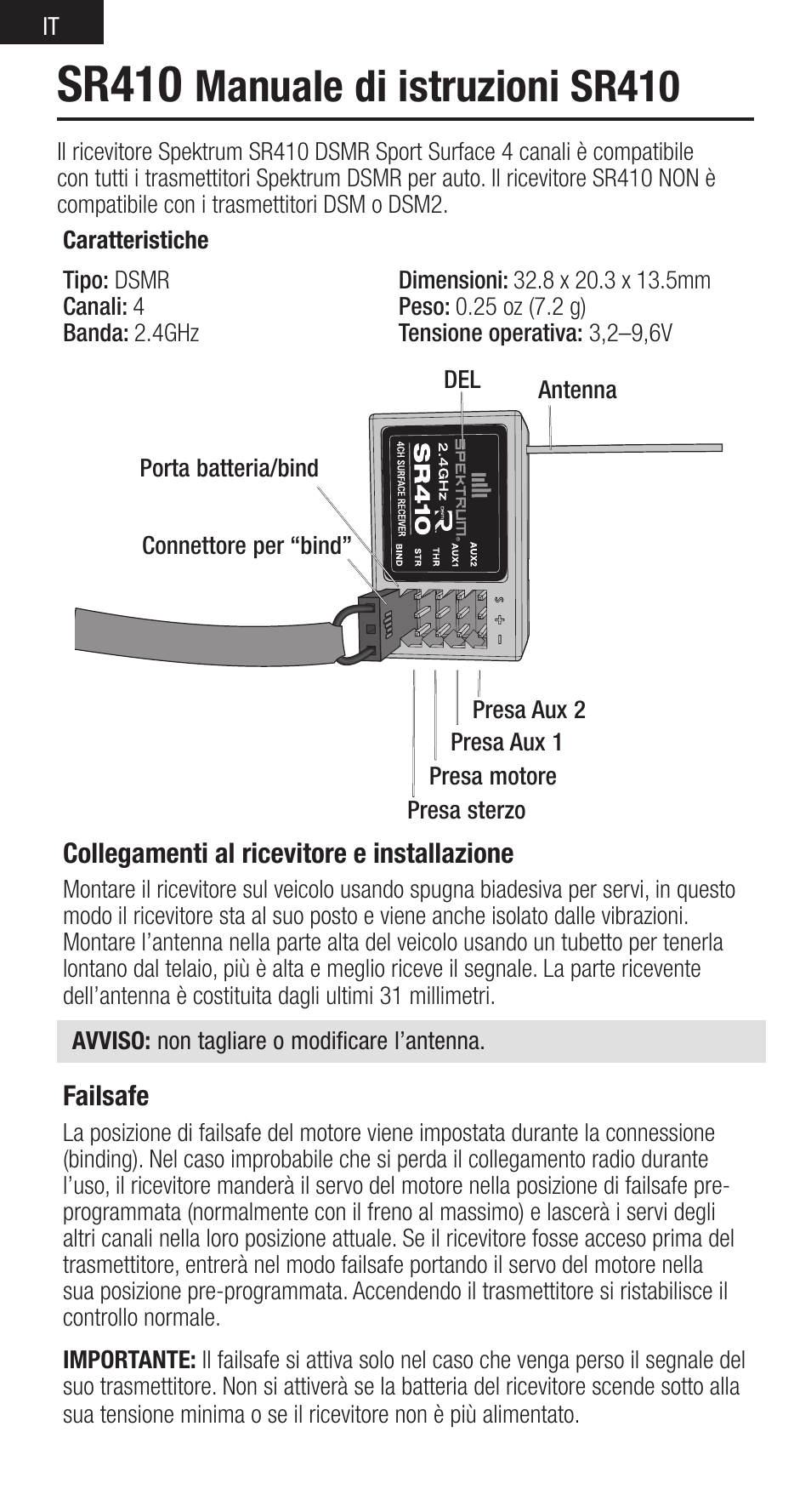 Sr410, Manuale di istruzioni sr410 | Spektrum SPMSR410 User Manual | Page 26 / 34
