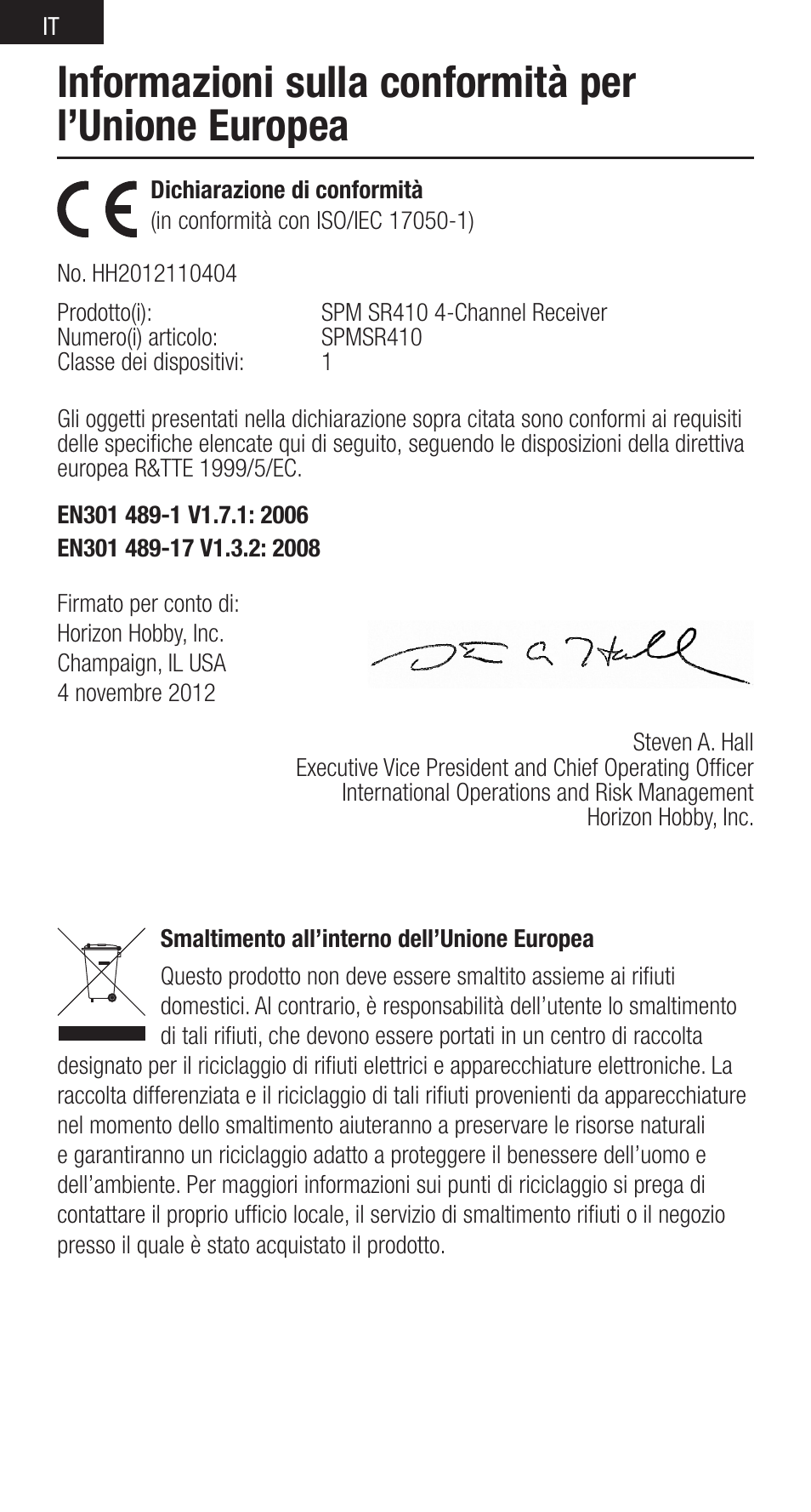 Informazioni sulla conformità per l’unione europea | Spektrum SPMSR410 User Manual | Page 32 / 34