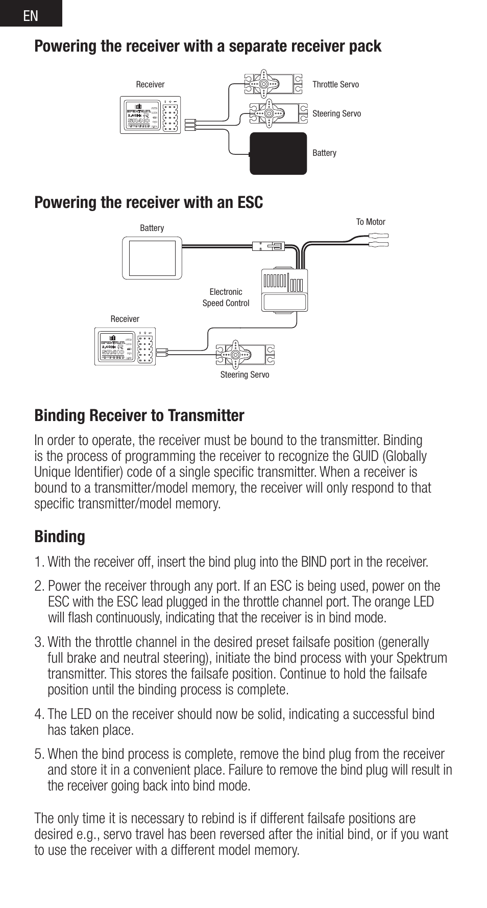 Binding receiver to transmitter, Binding, Powering the receiver with an esc | Spektrum SPMSR410 User Manual | Page 4 / 34