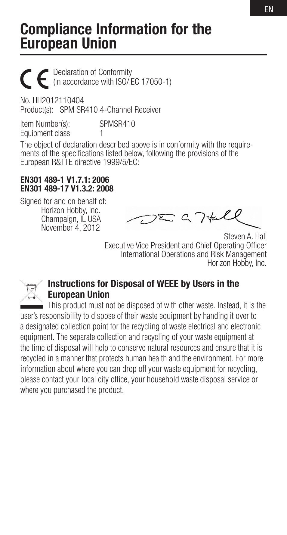 Compliance information for the european union | Spektrum SPMSR410 User Manual | Page 9 / 34