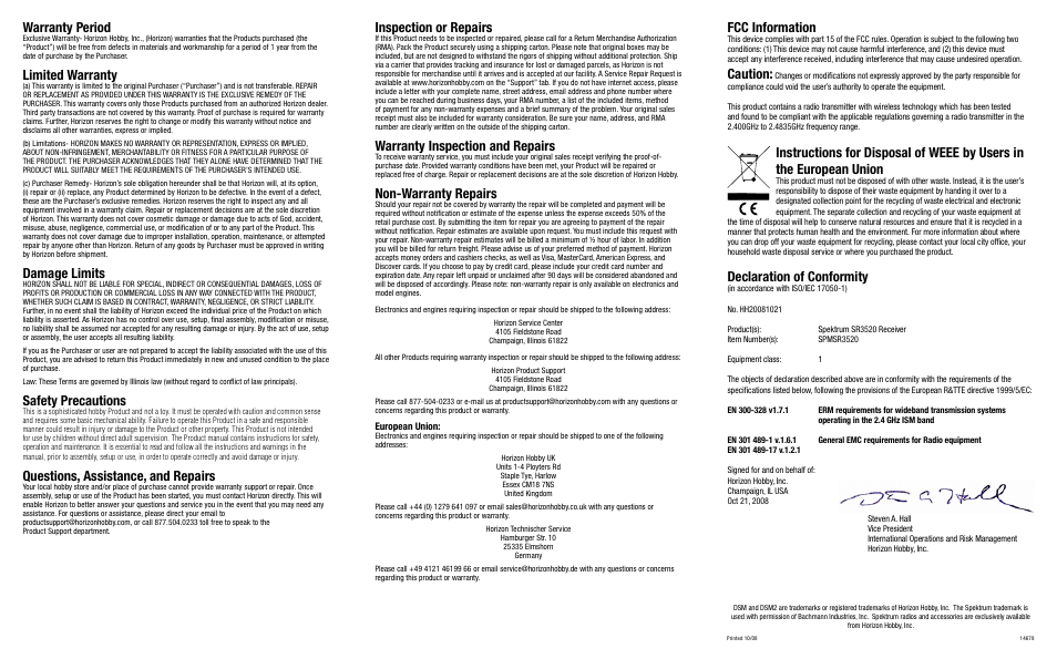 Fcc information, Caution, Declaration of conformity | Warranty period, Limited warranty, Damage limits, Safety precautions, Questions, assistance, and repairs, Inspection or repairs, Warranty inspection and repairs | Spektrum SPMSR3520 User Manual | Page 2 / 2