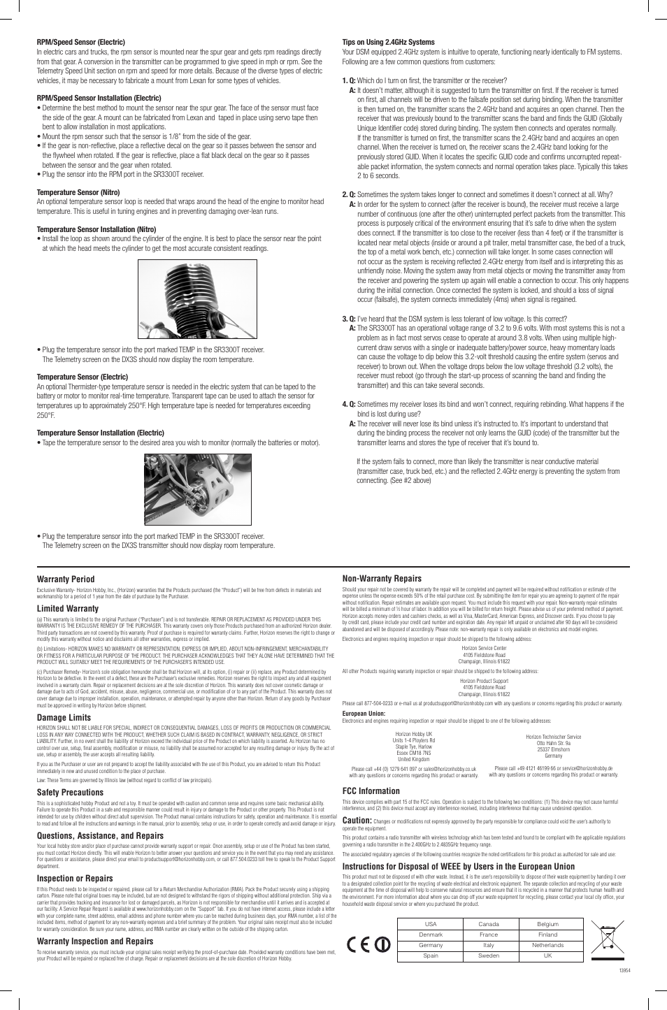 Non-warranty repairs, Fcc information, Caution | Warranty period, Limited warranty, Damage limits, Safety precautions, Questions, assistance, and repairs, Inspection or repairs, Warranty inspection and repairs | Spektrum SPMSR3300T User Manual | Page 2 / 2